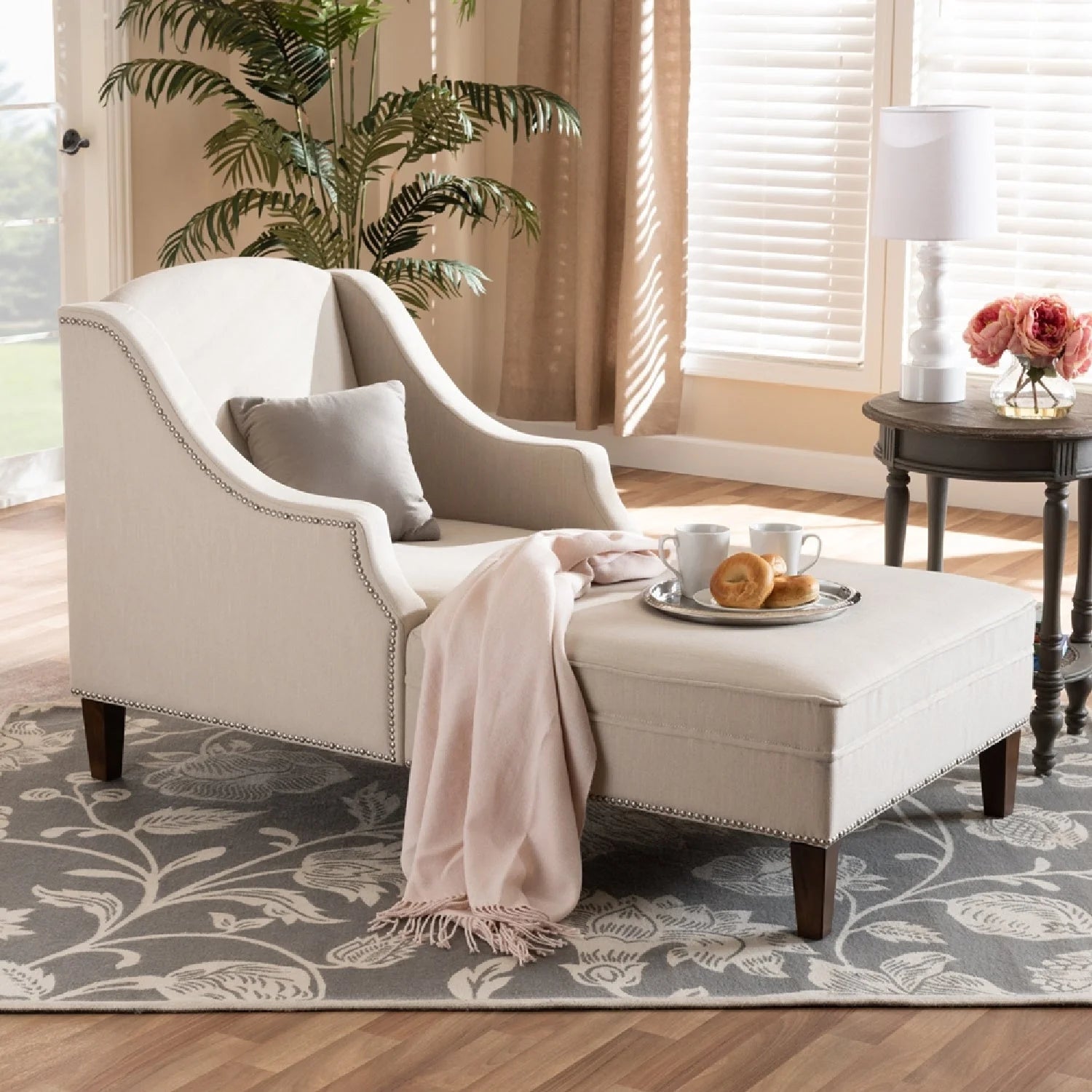 Luxury Beige Nailhead Trimmed Chaise Lounge European Style for Villa