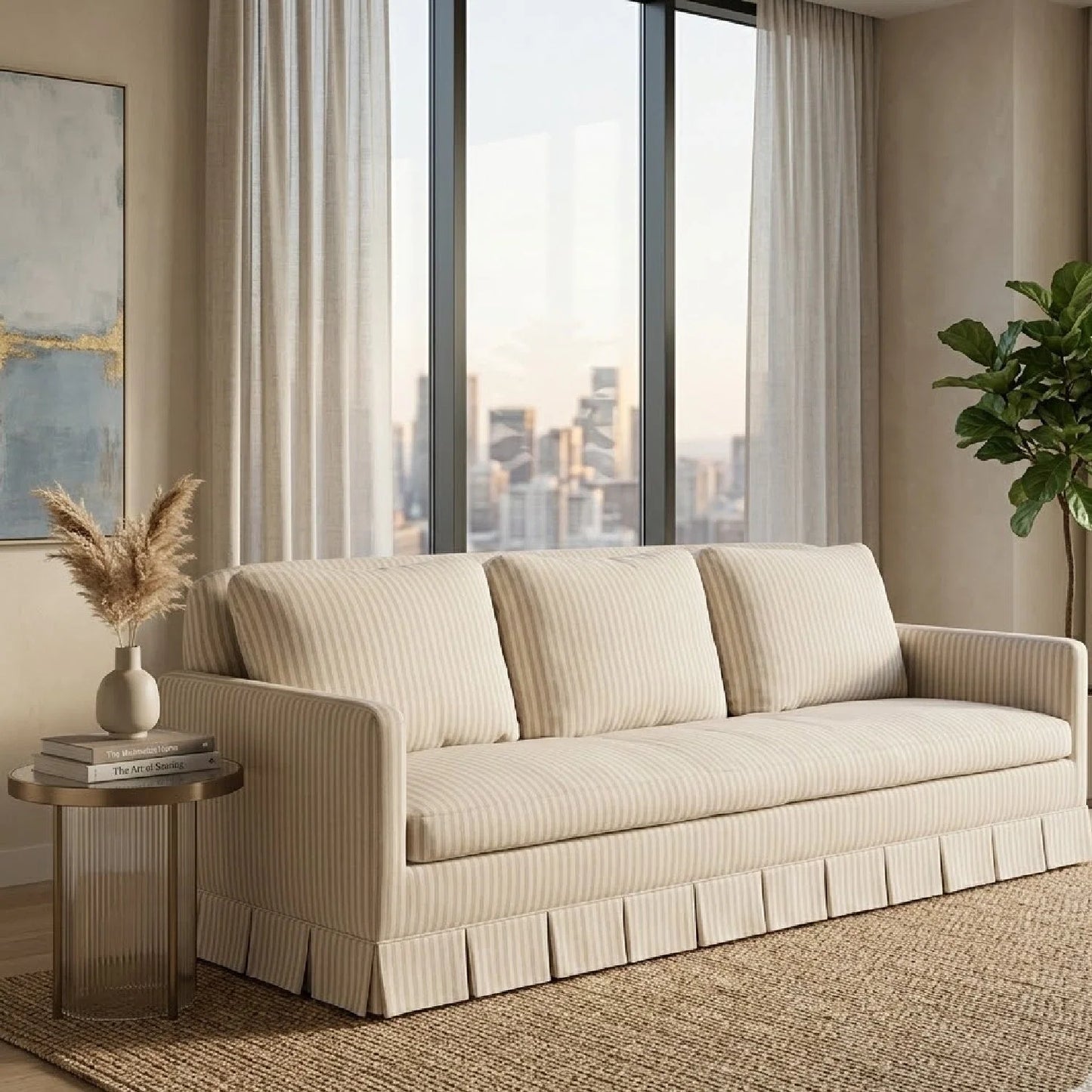 Luxury Beige Pleated Fabric Sofa Modern Italian Style for Villa