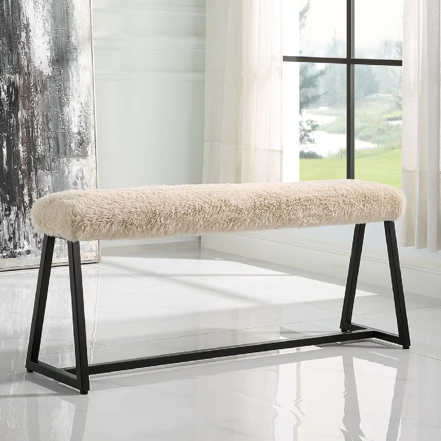 Luxury Beige Sheepskin Bench European Style for Villa