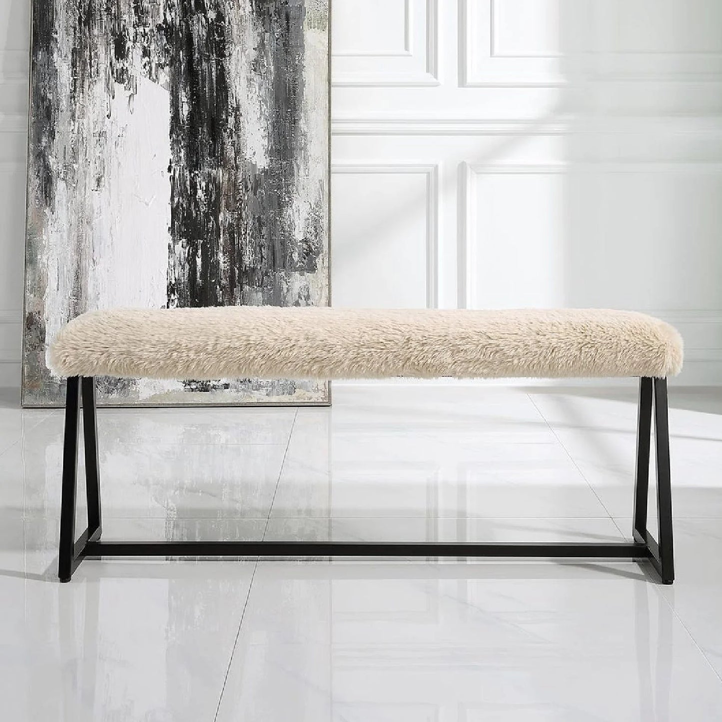 Luxury Beige Sheepskin Bench European Style for Villa