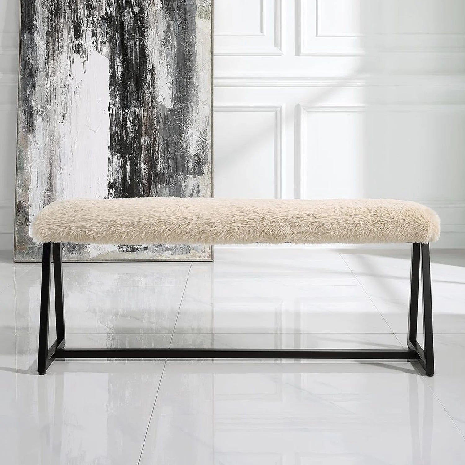 Luxury Beige Sheepskin Bench European Style for Villa