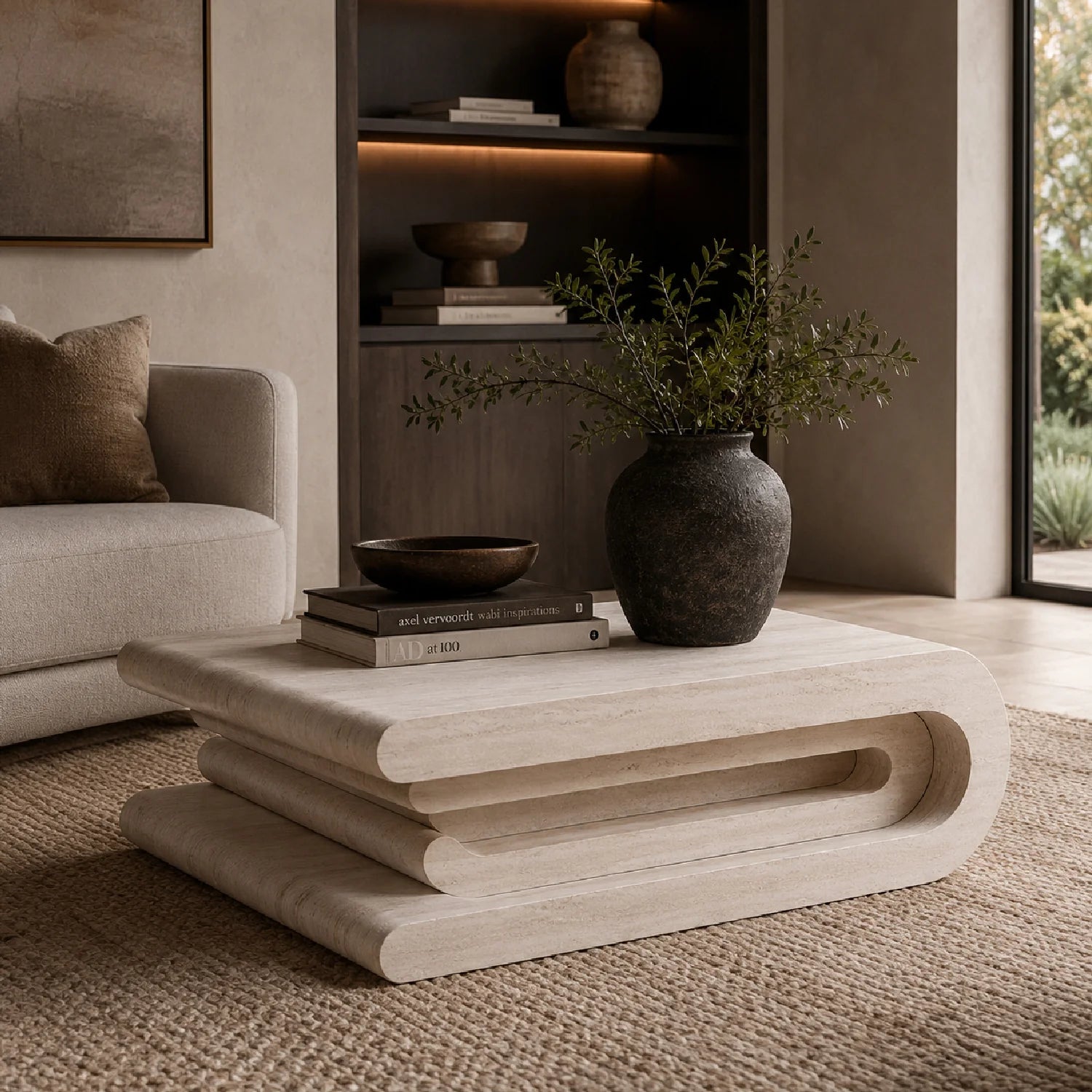 Luxury Beige Travertine Coffee Table Modern Italian Style for Villa
