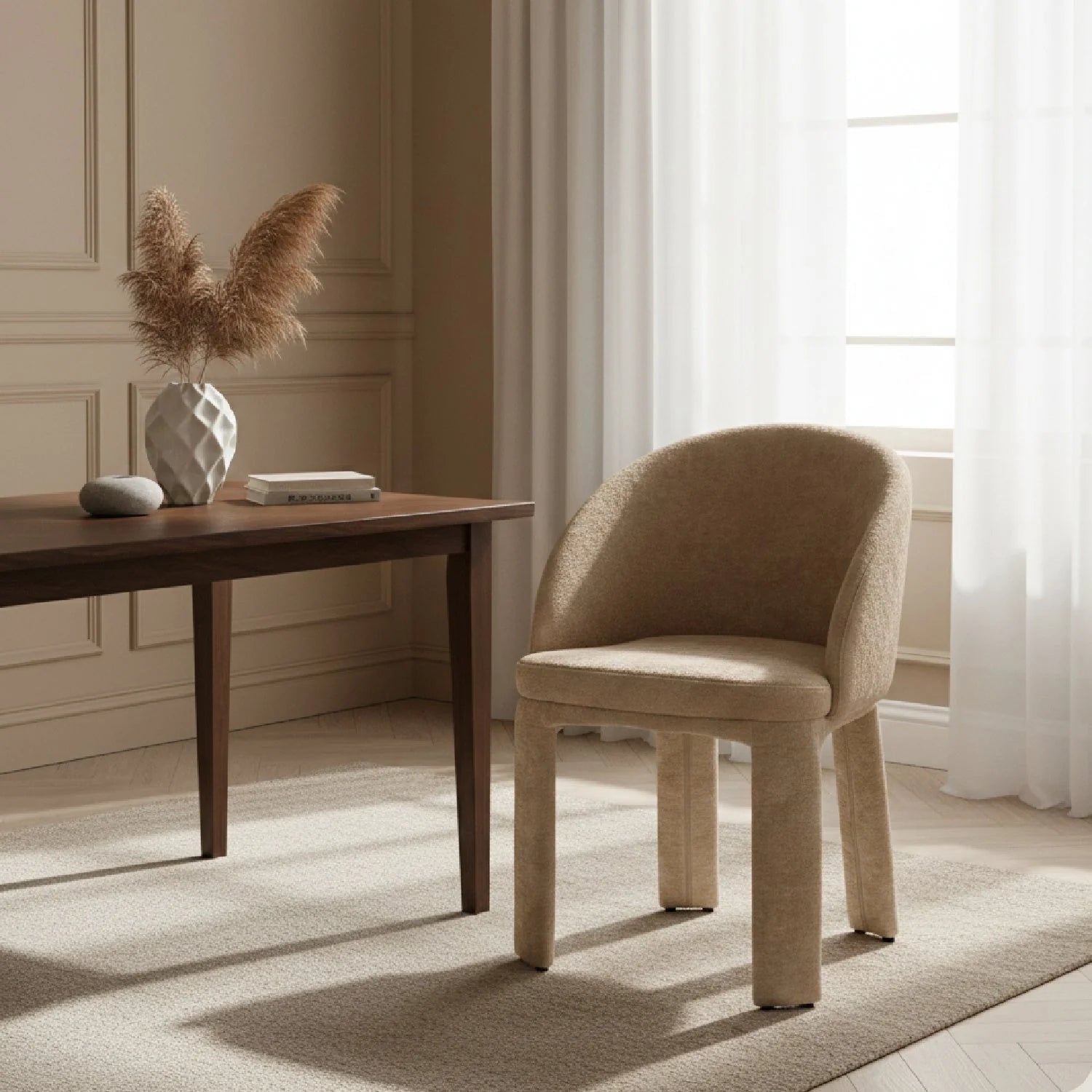 Luxury Beige Velvet Curved Modern Dining Chair European Style for Villa