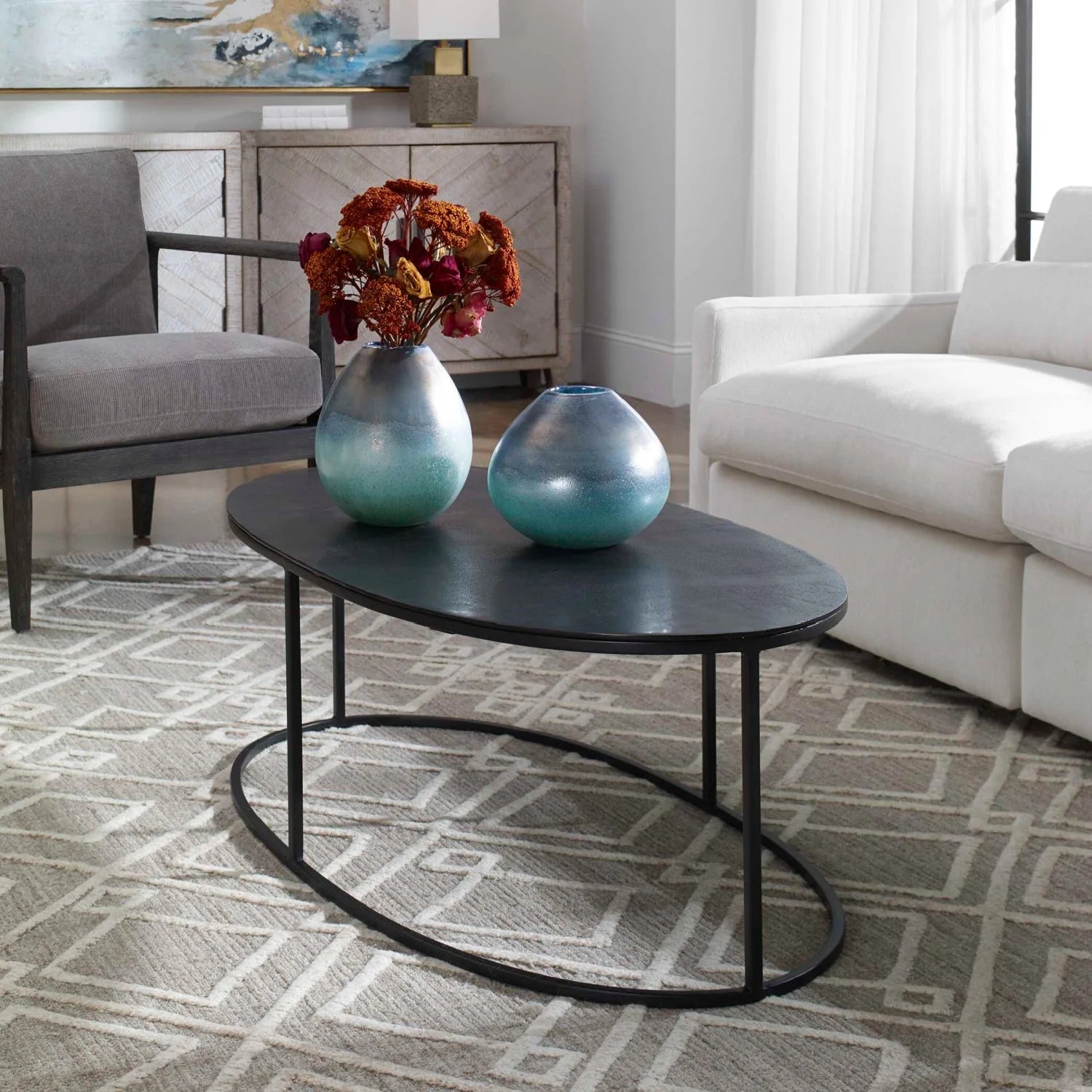 Luxury Black Aluminum Oval Coffee Table Modern Italian Style for Villa