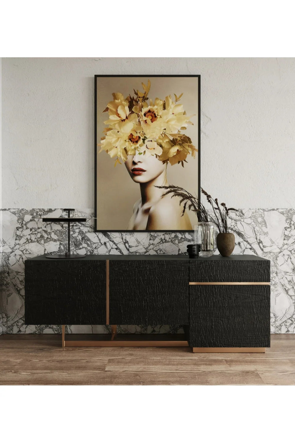 Luxury Black Ash 3-Door Sideboard European Style for Villa
