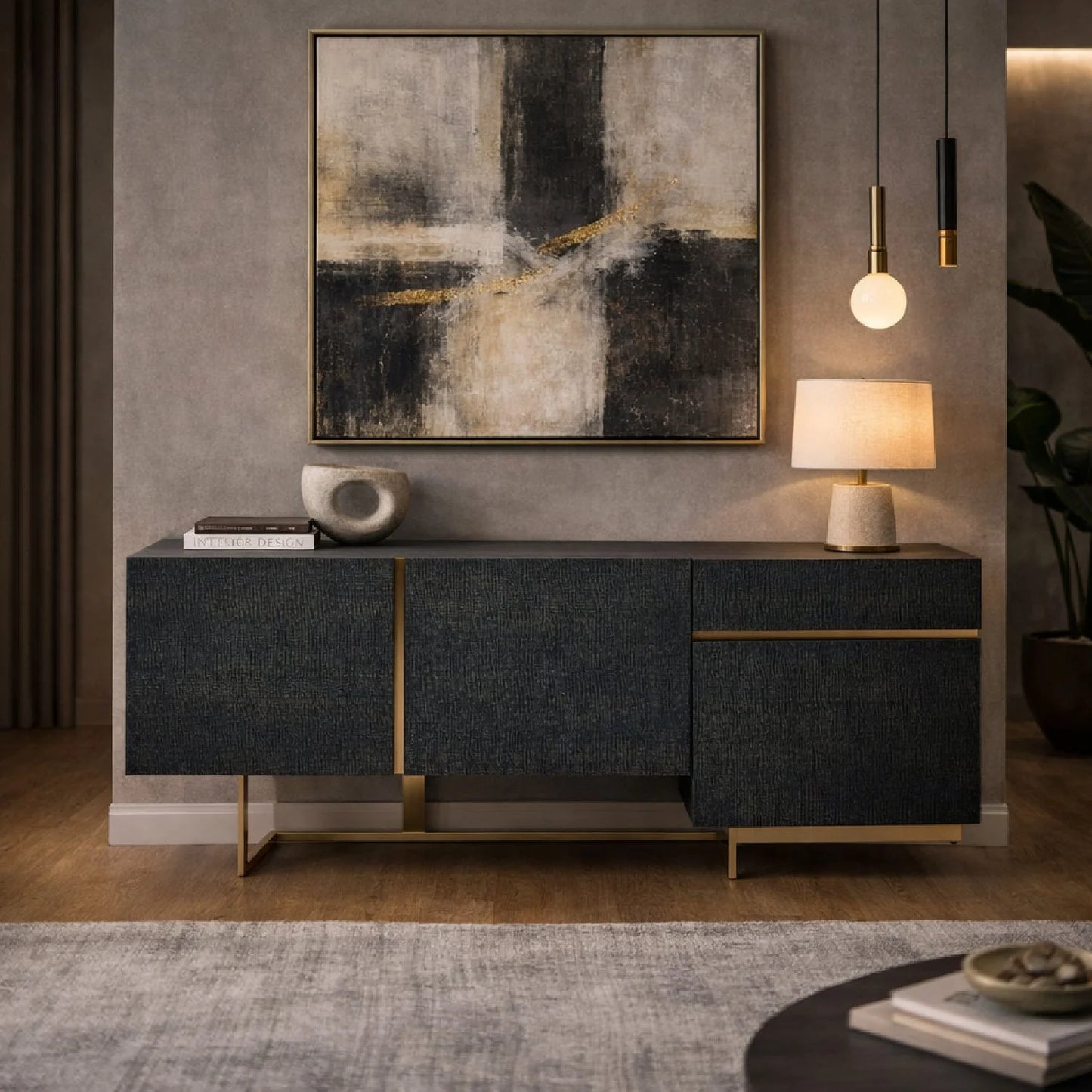Luxury Black Ash 3-Door Sideboard European Style for Villa