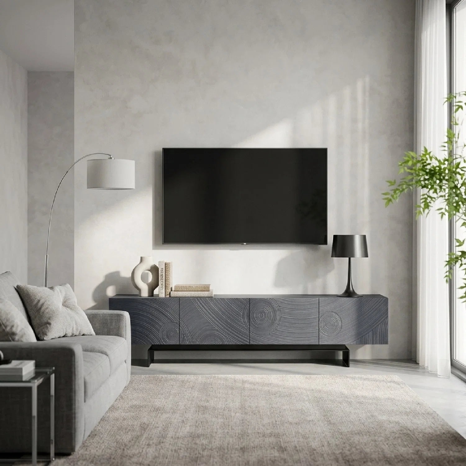 Luxury Black Ash 4-Door Media Unit Modern Italian Style for Villa