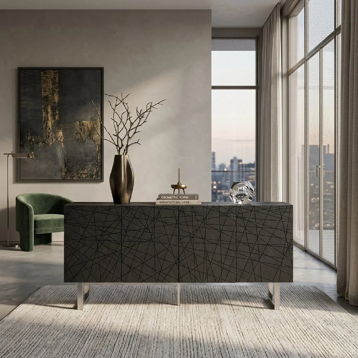 Luxury Black Ash 4-Door Sideboard European Style for Villa
