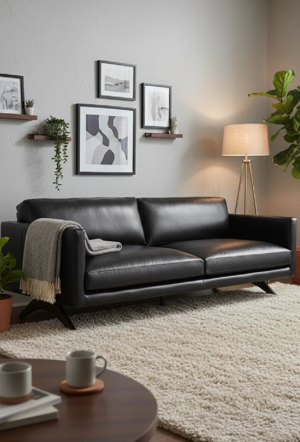 Luxury Black Bovine Leather Sofa Modern Italian Style for Villa