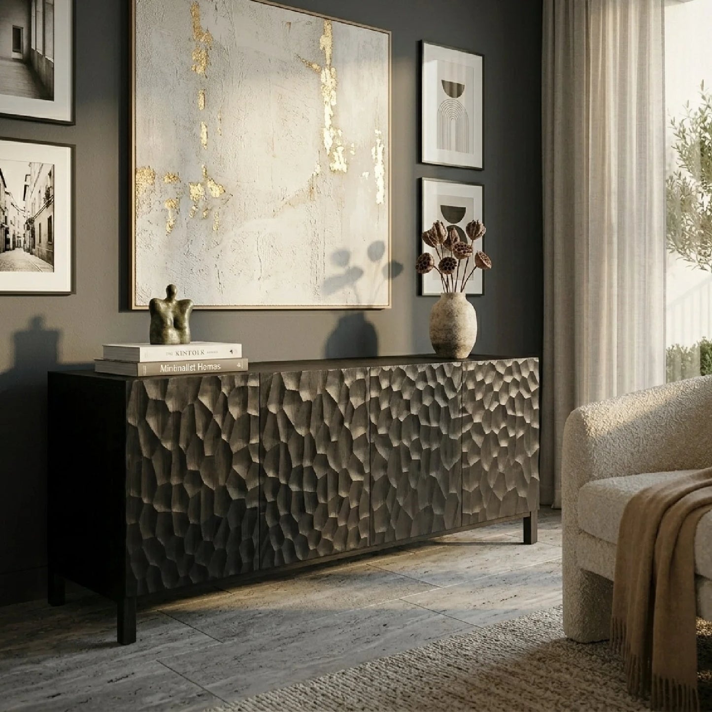 Luxury Black Chiseled Oak 4-Door Sideboard European Style for Villa