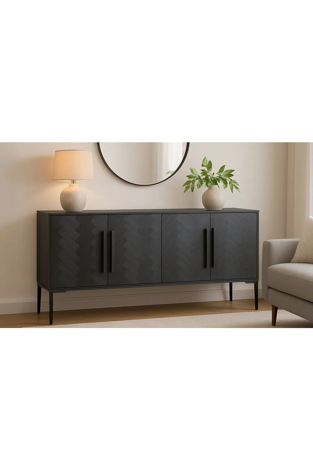 Luxury Black Herringbone 4-Door Sideboard European Style for Villa