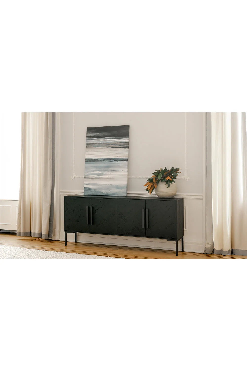 Luxury Black Herringbone 4-Door Sideboard European Style for Villa
