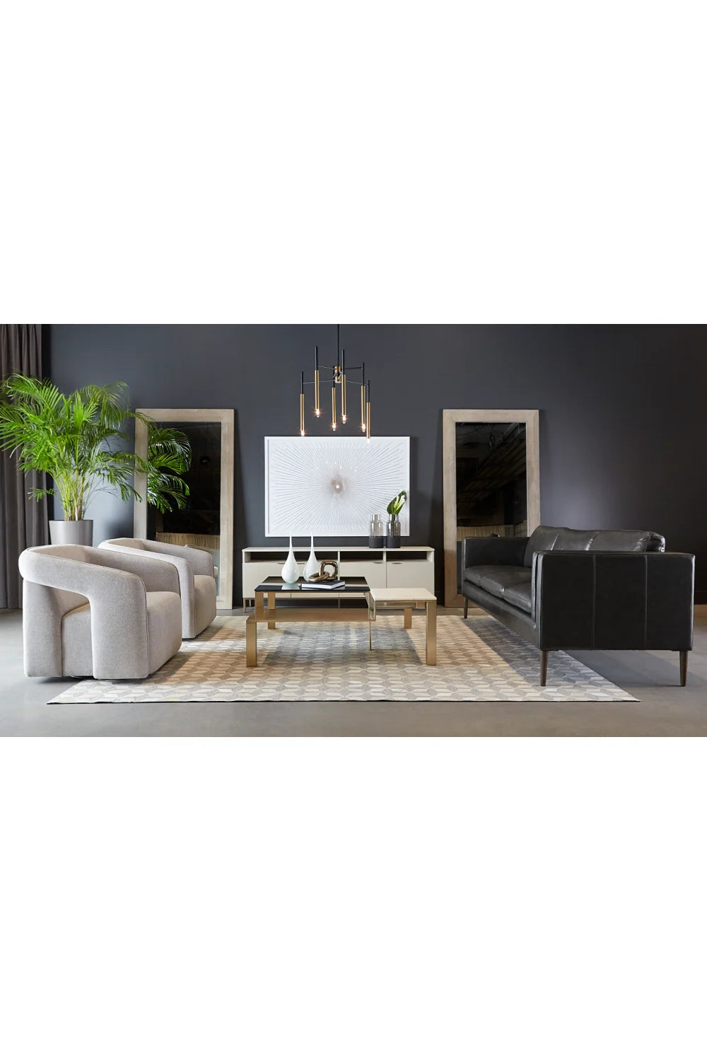 Luxury Black Leather Sofa Modern Italian Style for Villa