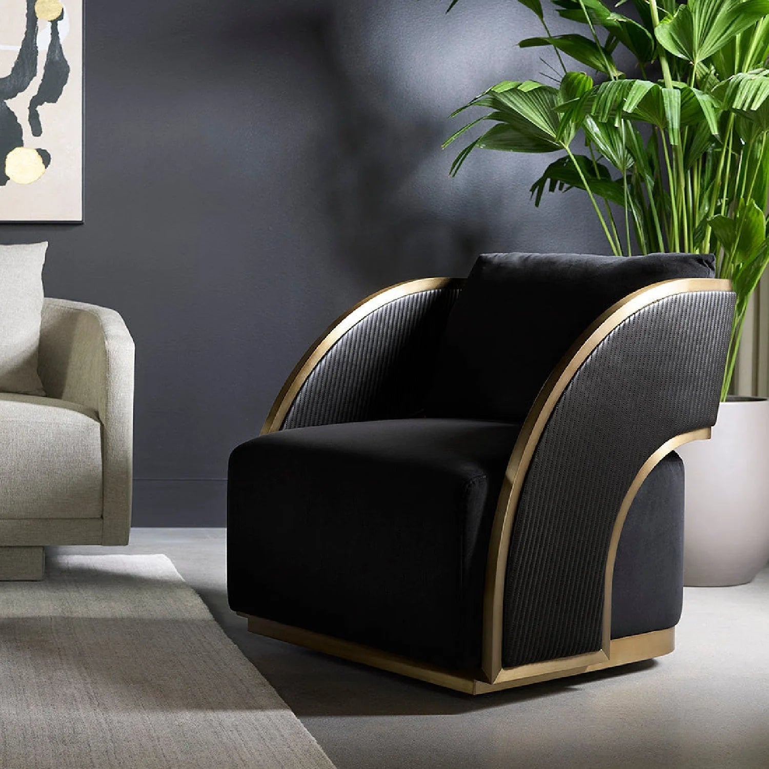 Luxury Black Leather Swivel Lounge Chair European Style for Villa