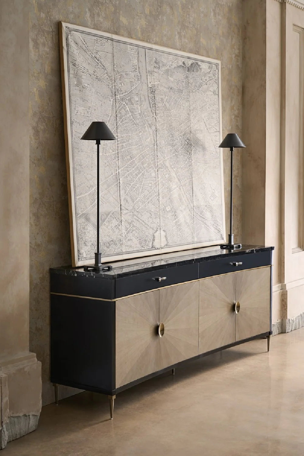 Luxury Black Marble 4-Door Sideboard European Style for Villa