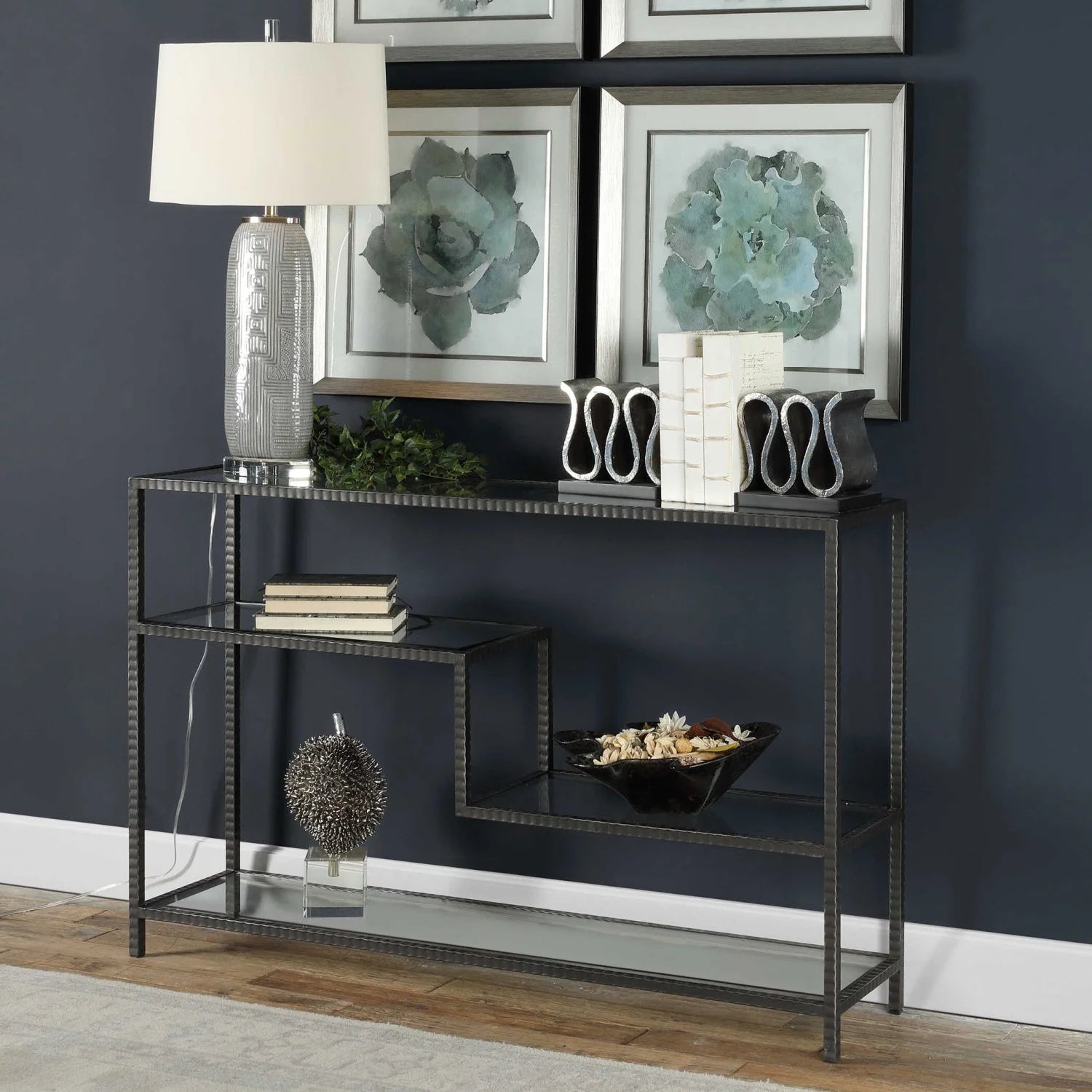 Luxury Black Multilayered Glass Console Table Modern Italian Style for Villa