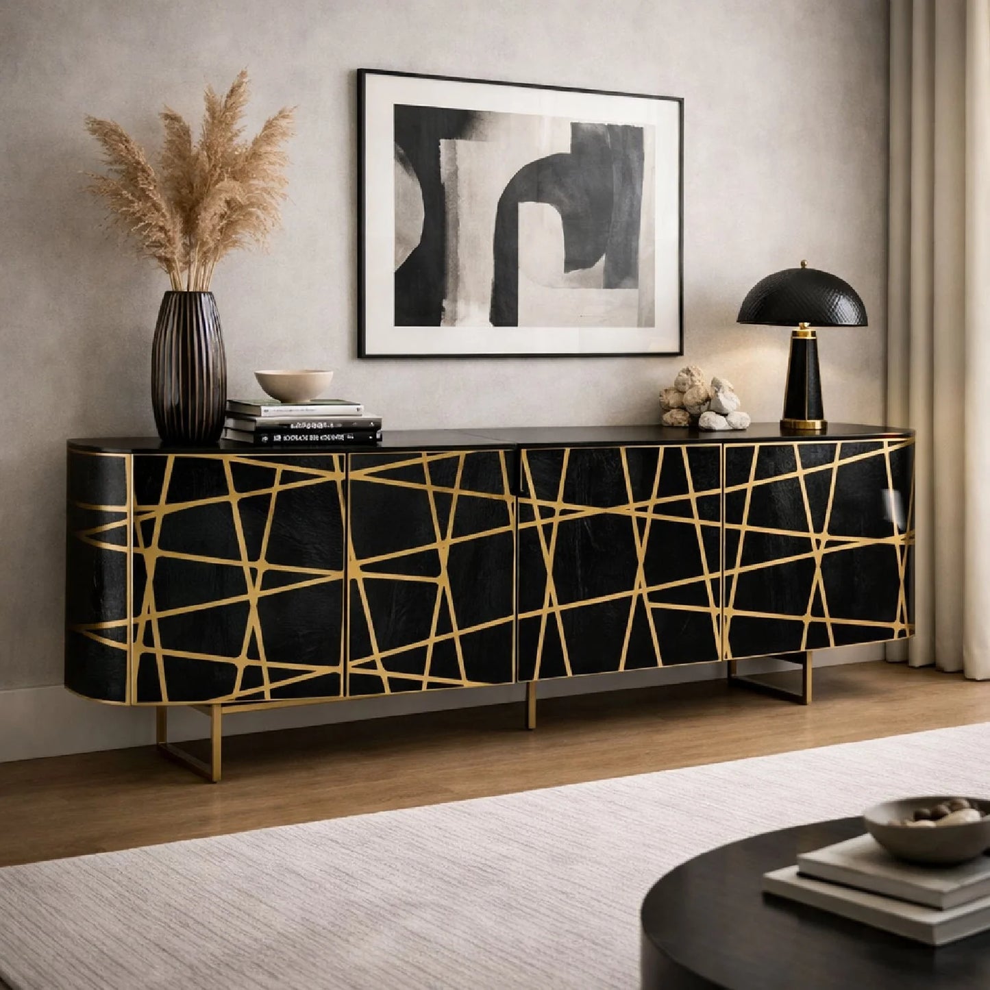 Luxury Black Oak 4-Door Sideboard European Style for Villa