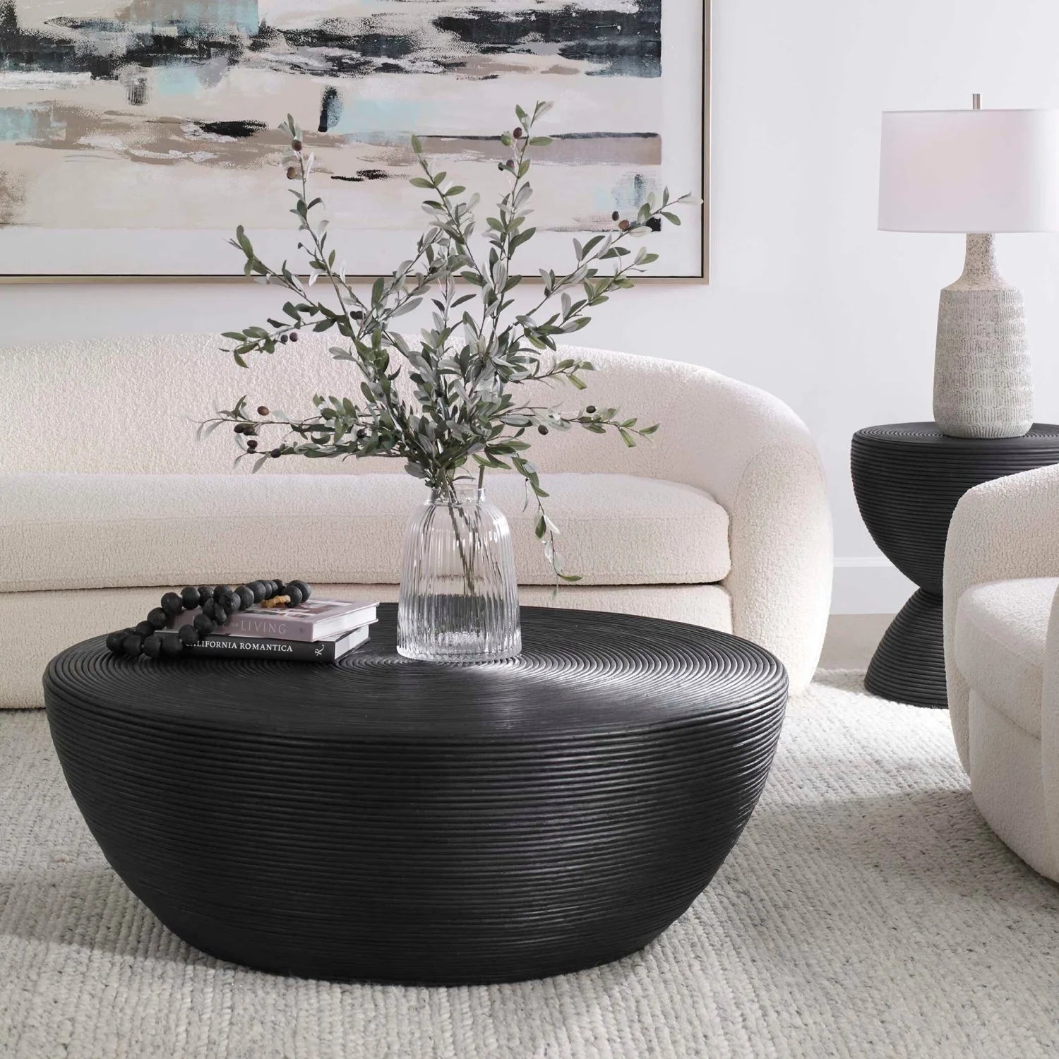Luxury Black Rattan Round Coffee Table Modern Italian Style for Villa