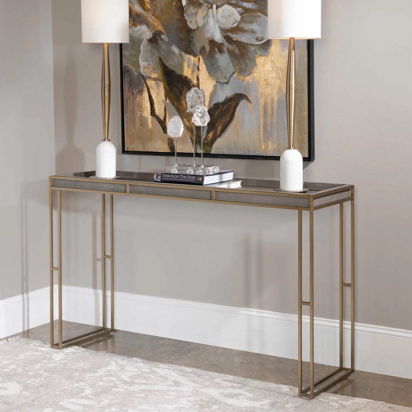 Luxury Black Shagreen Console Table Modern Italian Style for Villa