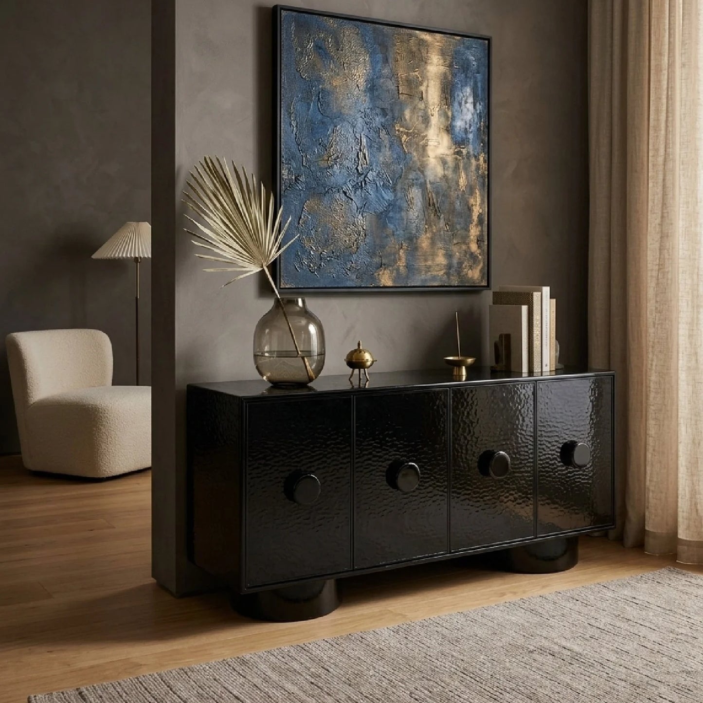 Luxury Black Wave Glass 4-Door Sideboard European Style for Villa