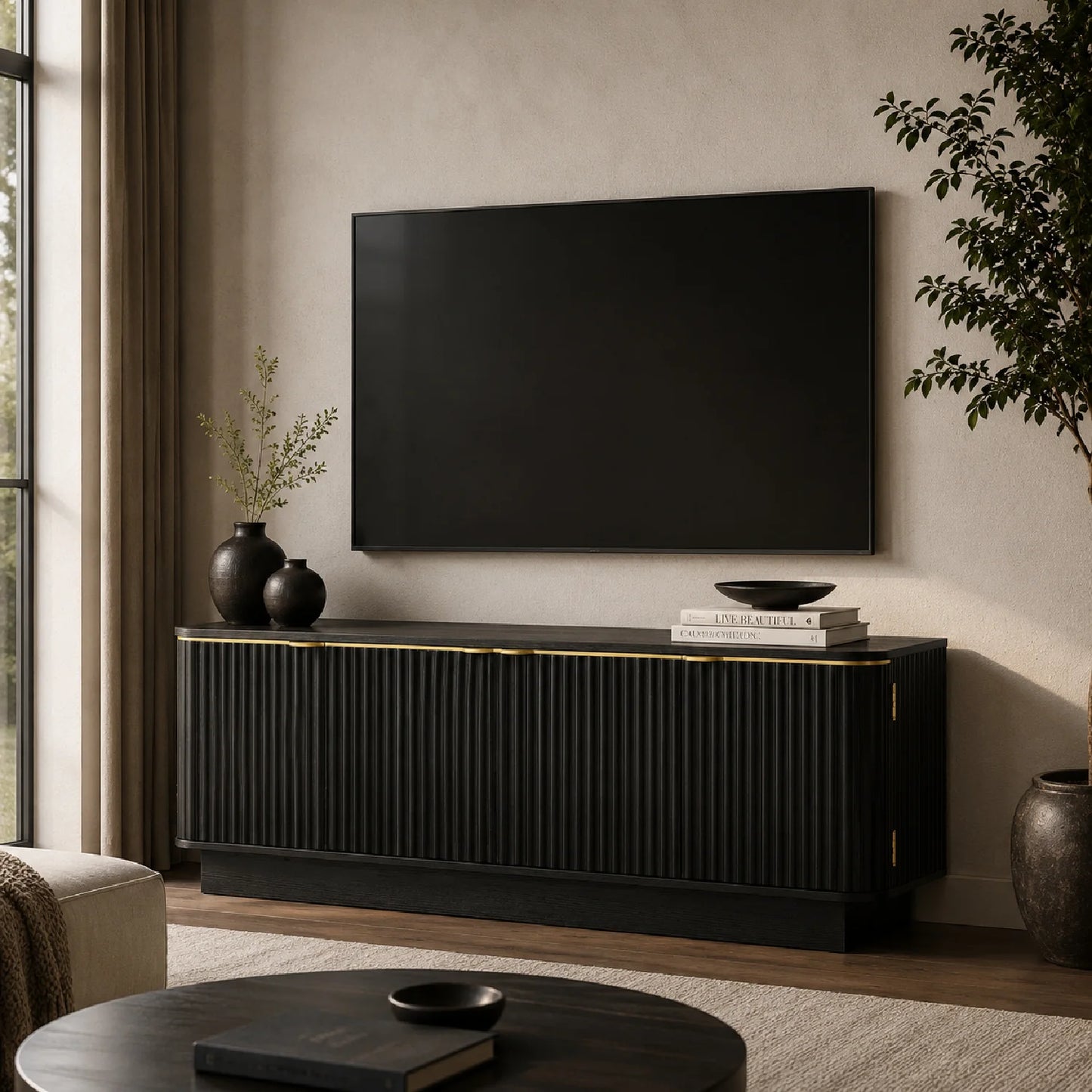 Luxury Black Wood TV Stand Modern Italian Style for Villa