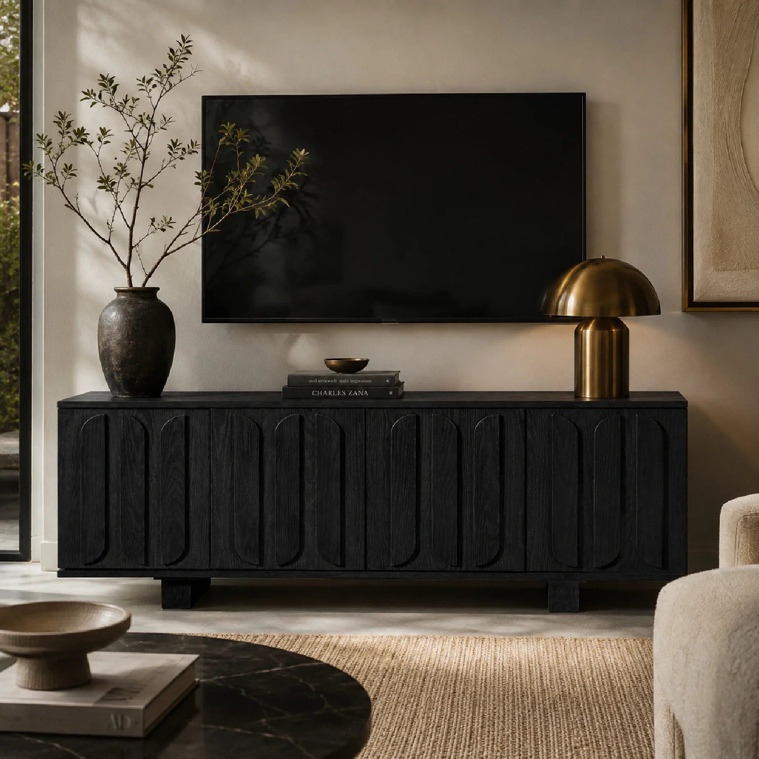 Luxury Black Wood TV Stand Modern Italian Style for Villa