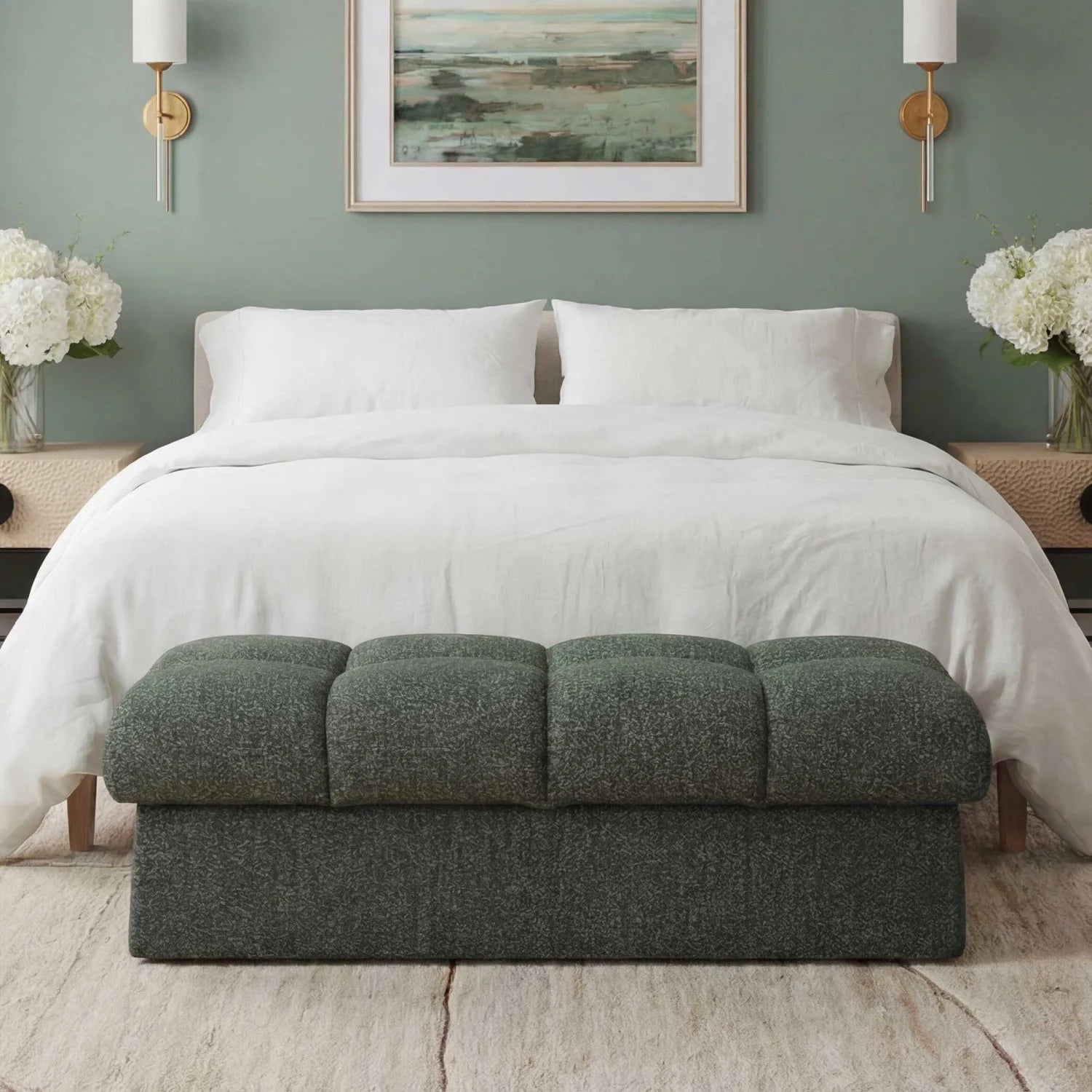 Luxury Block Tufted Fabric Bench European Style for Villa