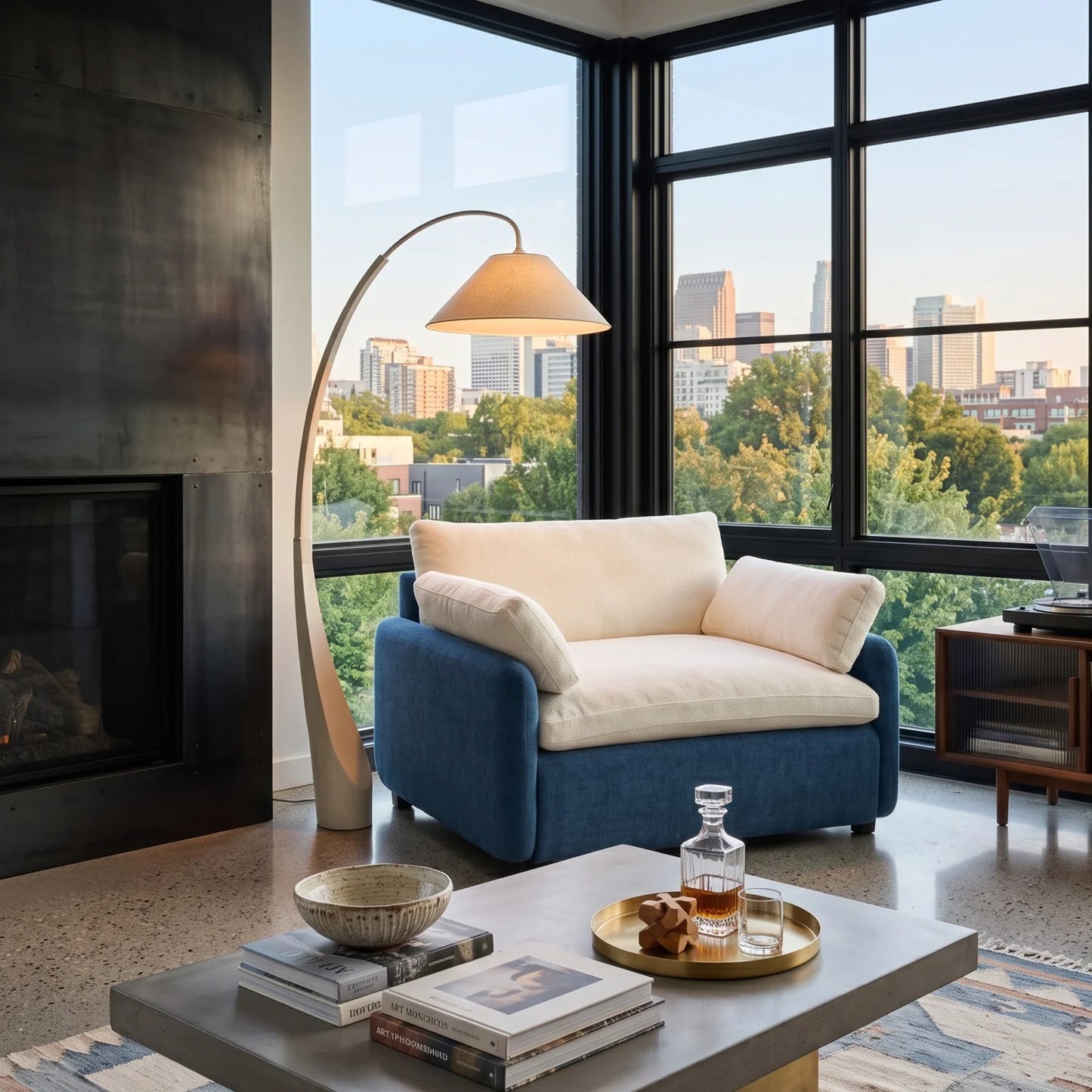 Luxury Blue Chenille Oversized Armchair European Style for Villa