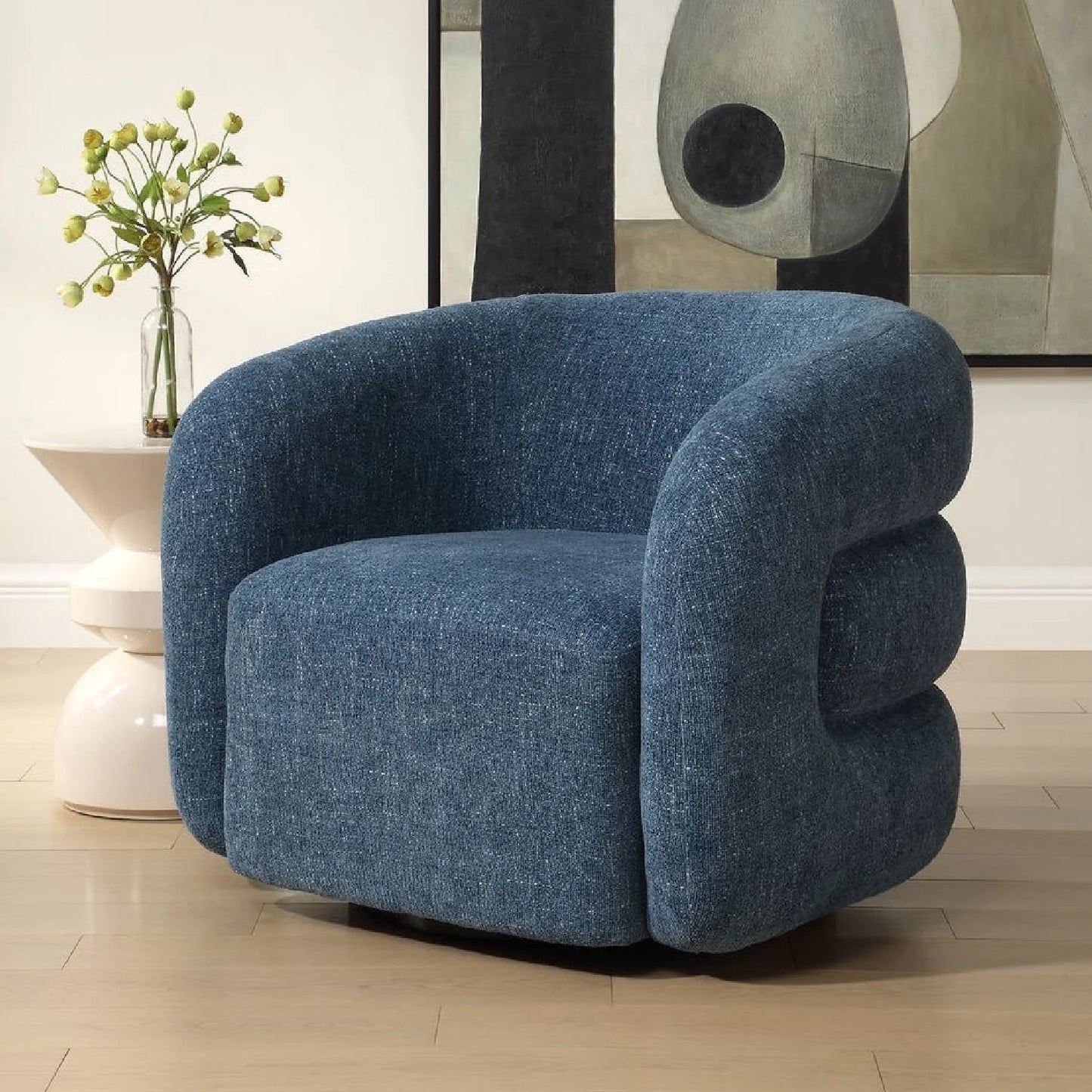 Luxury Blue Chenille Swivel Accent Chair European Style for Villa