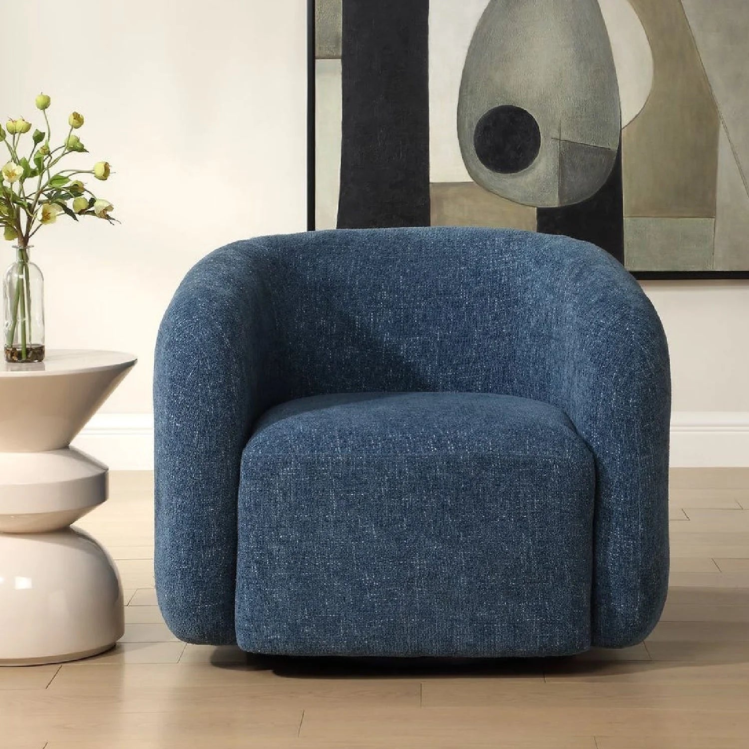 Luxury Blue Chenille Swivel Accent Chair European Style for Villa