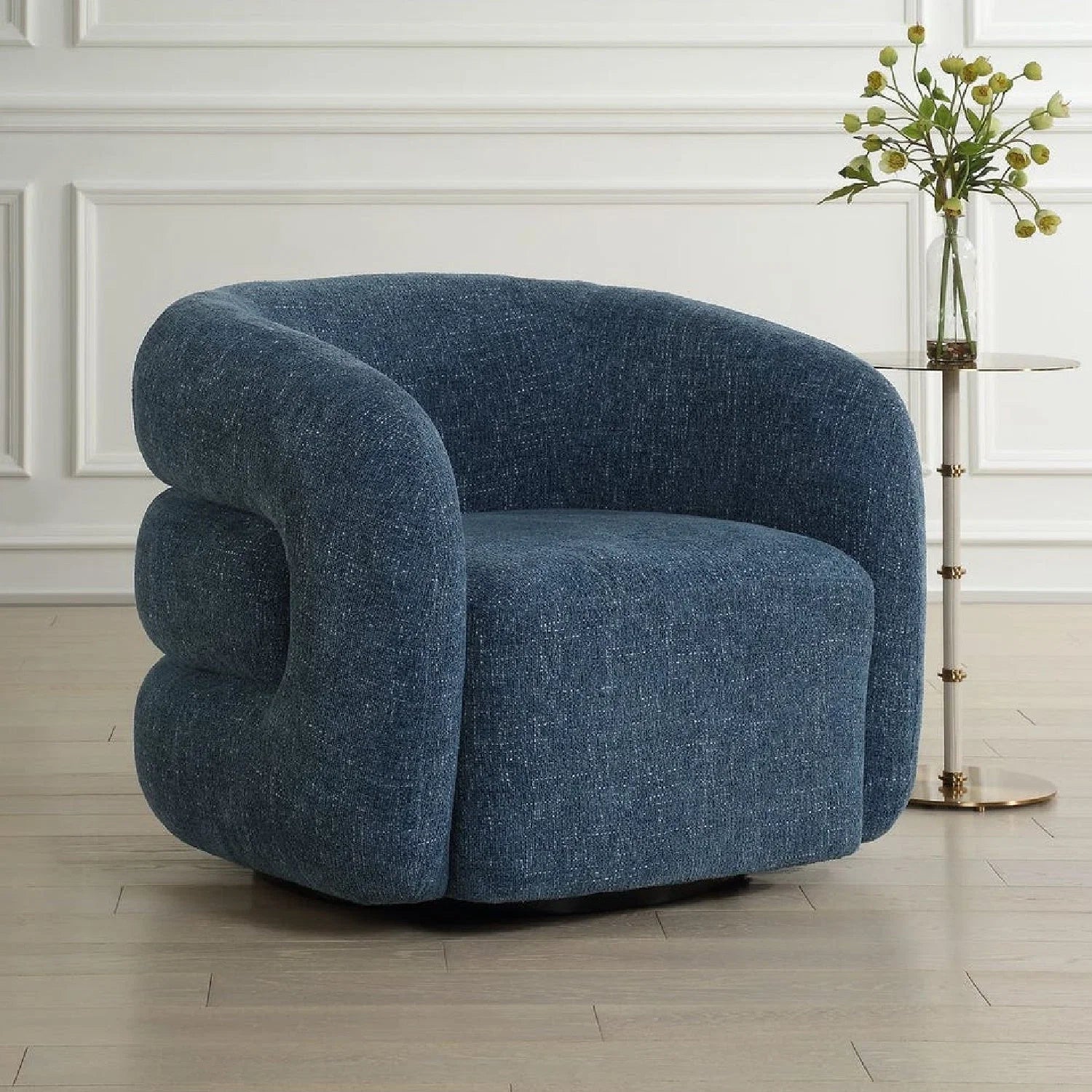 Luxury Blue Chenille Swivel Accent Chair European Style for Villa