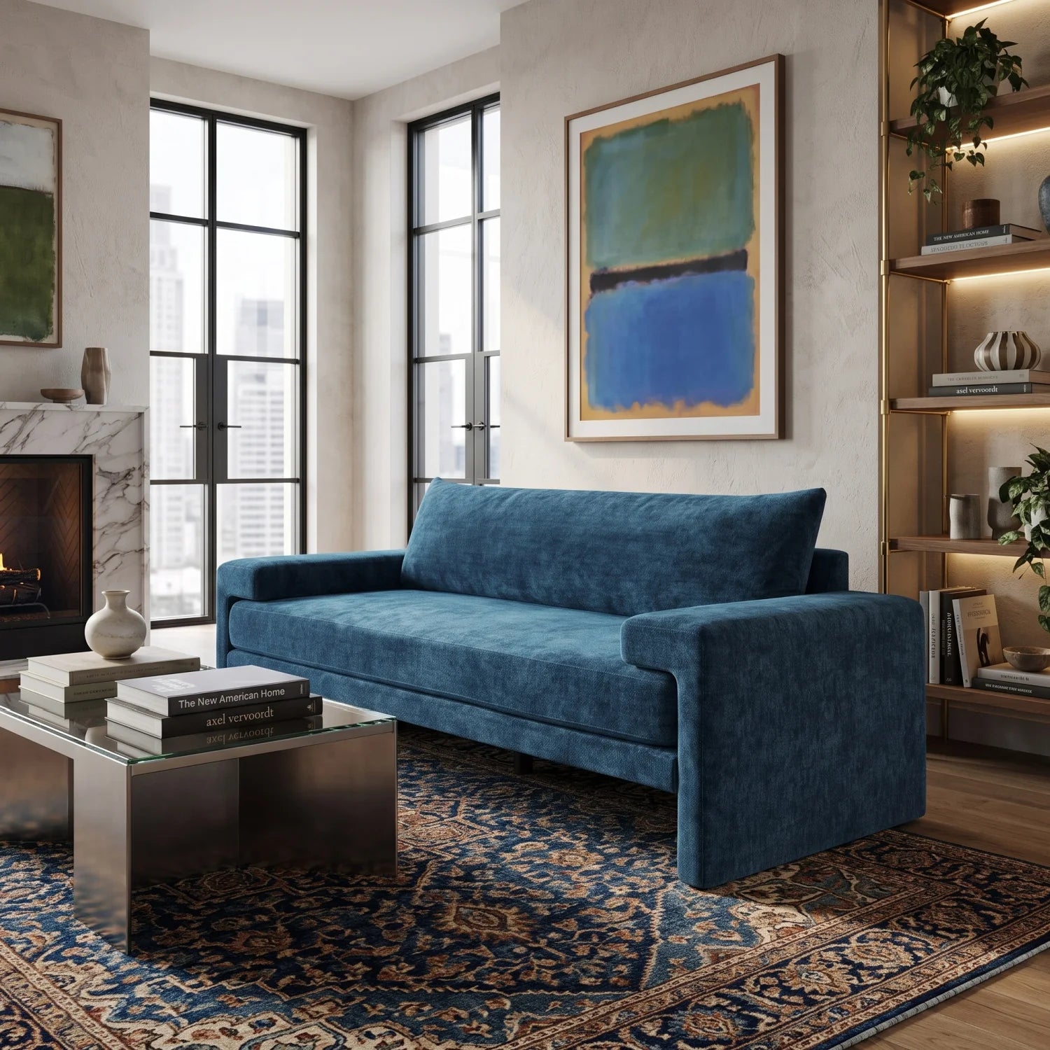 Luxury Blue Chenille Three Seater Sofa Modern Italian Style for Villa