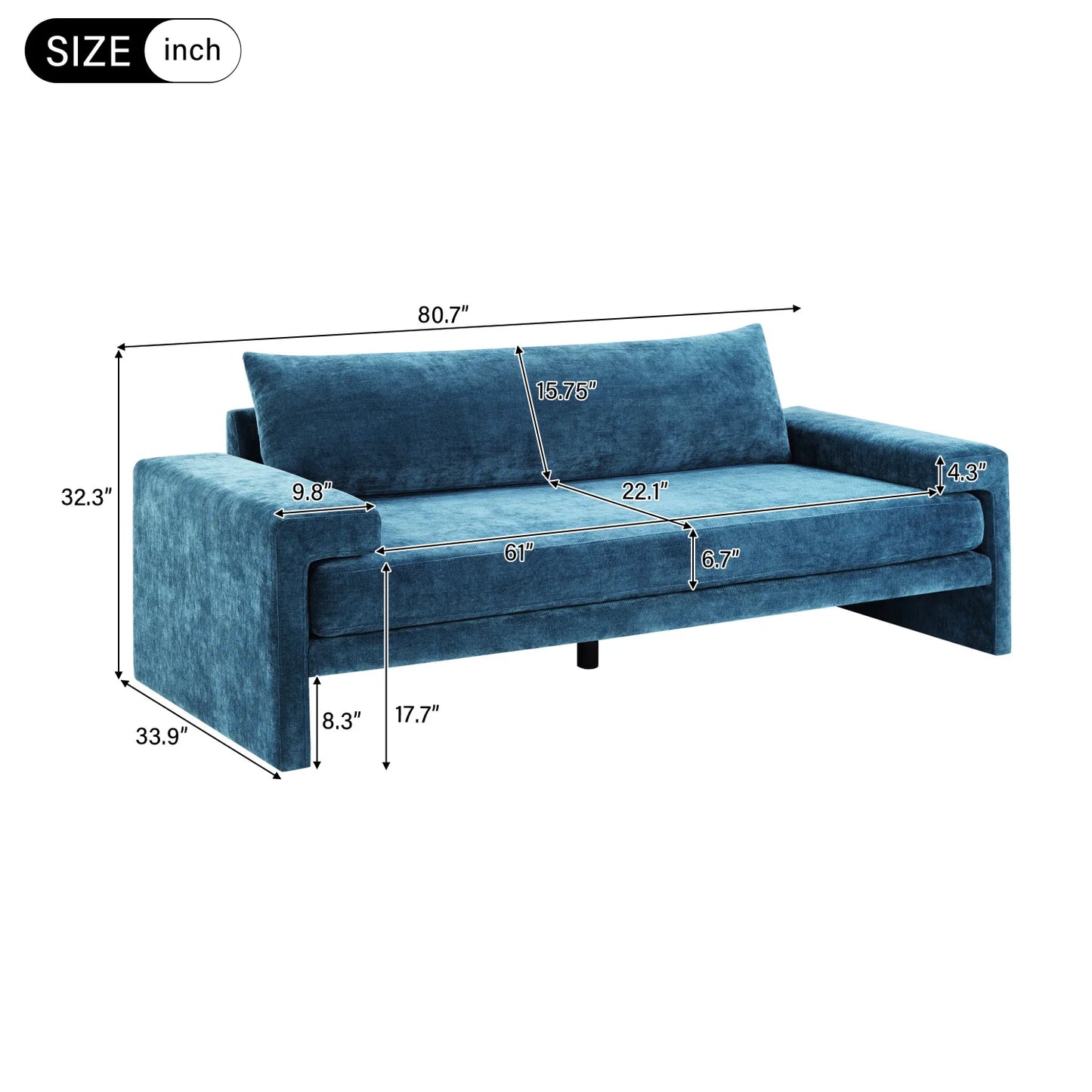 Luxury Blue Chenille Three Seater Sofa Modern Italian Style for Villa