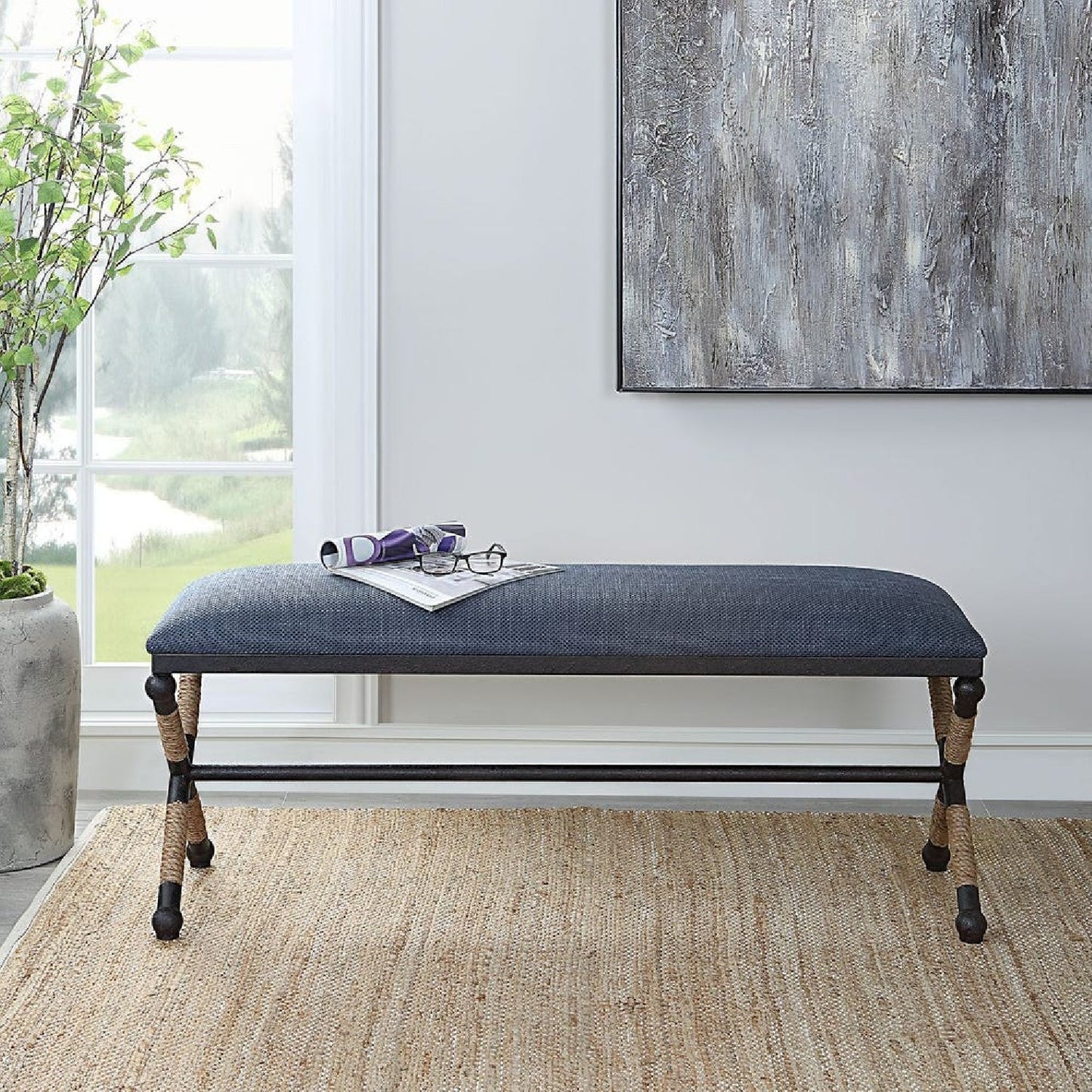 Luxury Blue Cotton Blend Bench European Style for Villa