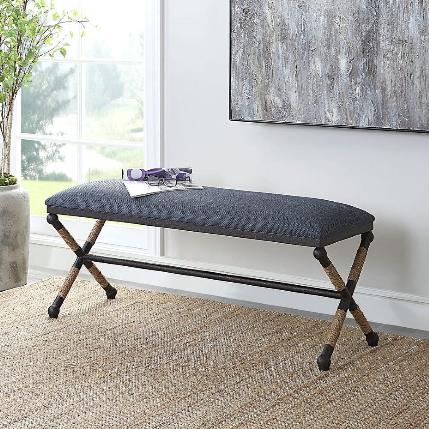 Luxury Blue Cotton Blend Bench European Style for Villa