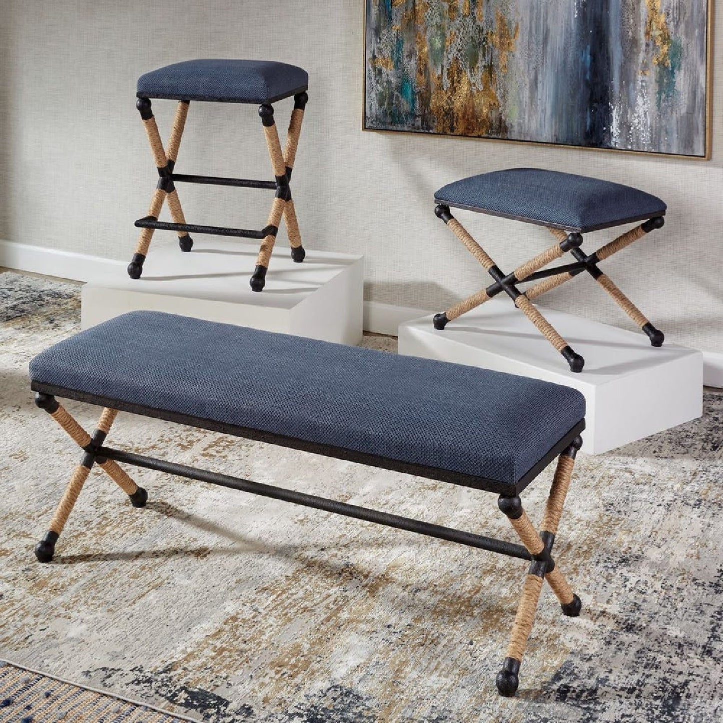 Luxury Blue Cotton Blend Bench European Style for Villa