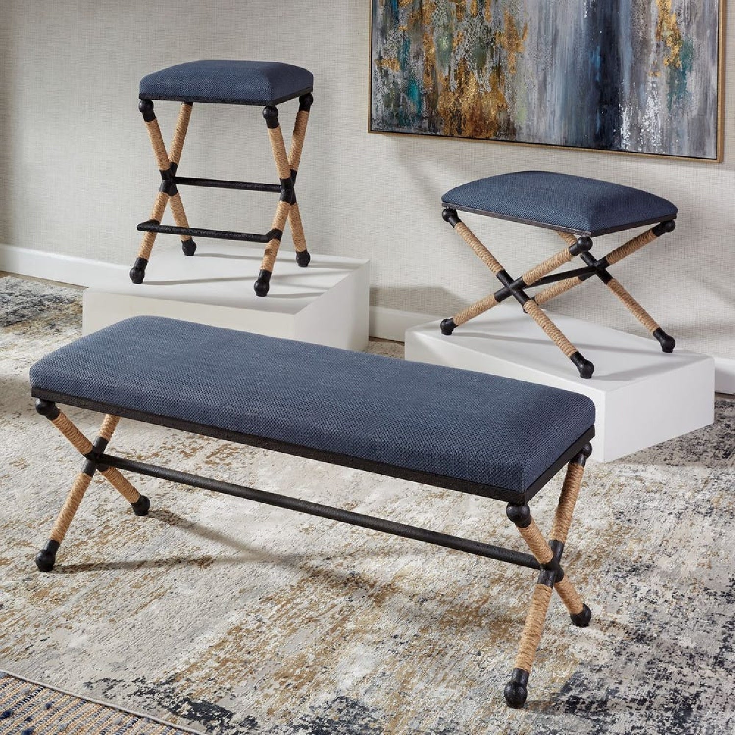 Luxury Blue Cotton Blend Bench European Style for Villa