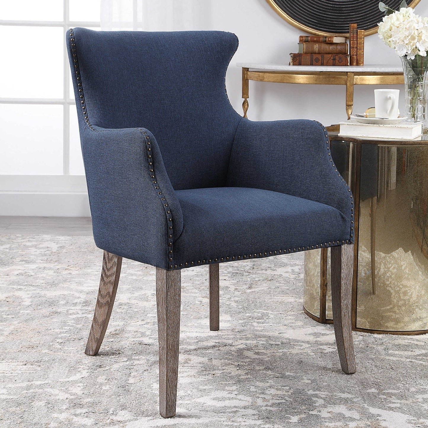 Luxury Blue Linen Wingback Lounge Chair Modern Italian Style for Villa