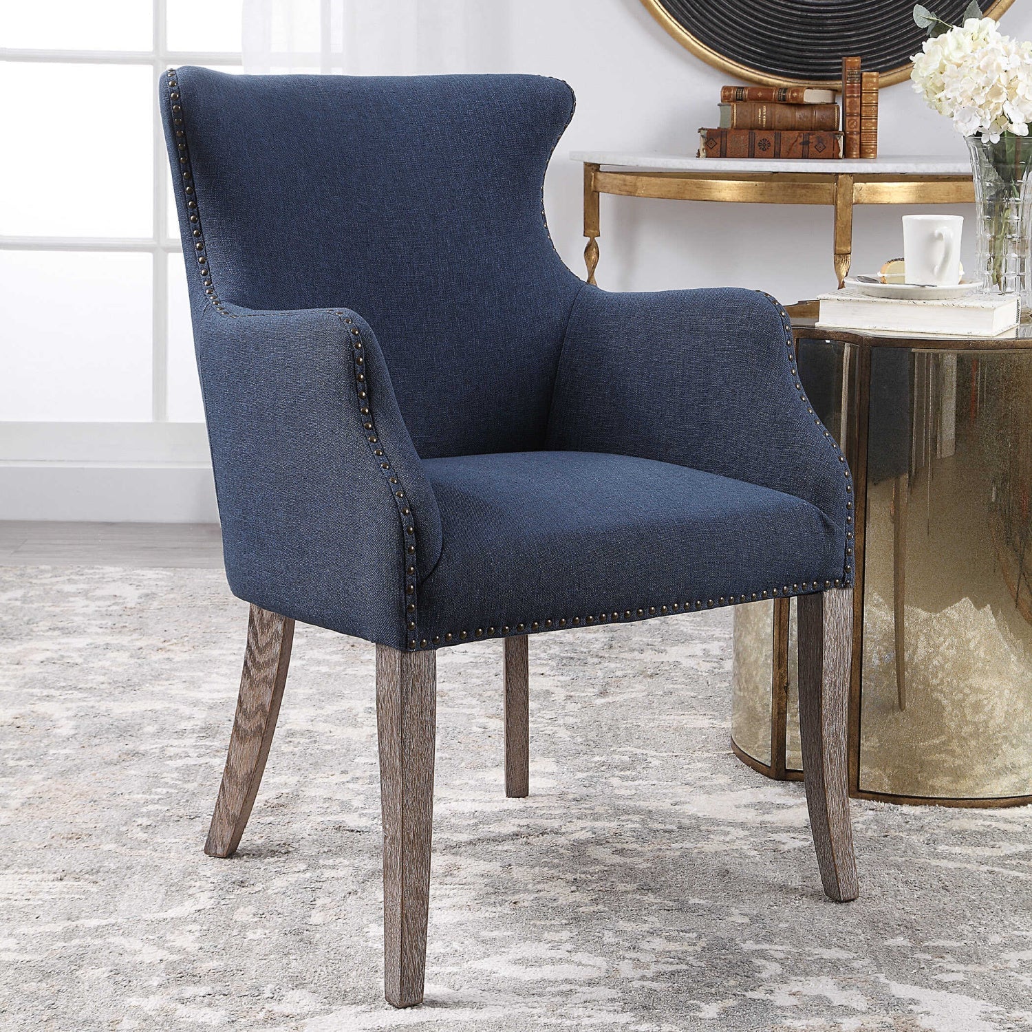 Luxury Blue Linen Wingback Lounge Chair Modern Italian Style for Villa