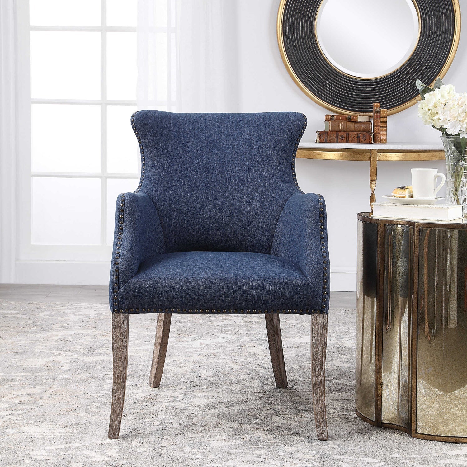 Luxury Blue Linen Wingback Lounge Chair Modern Italian Style for Villa