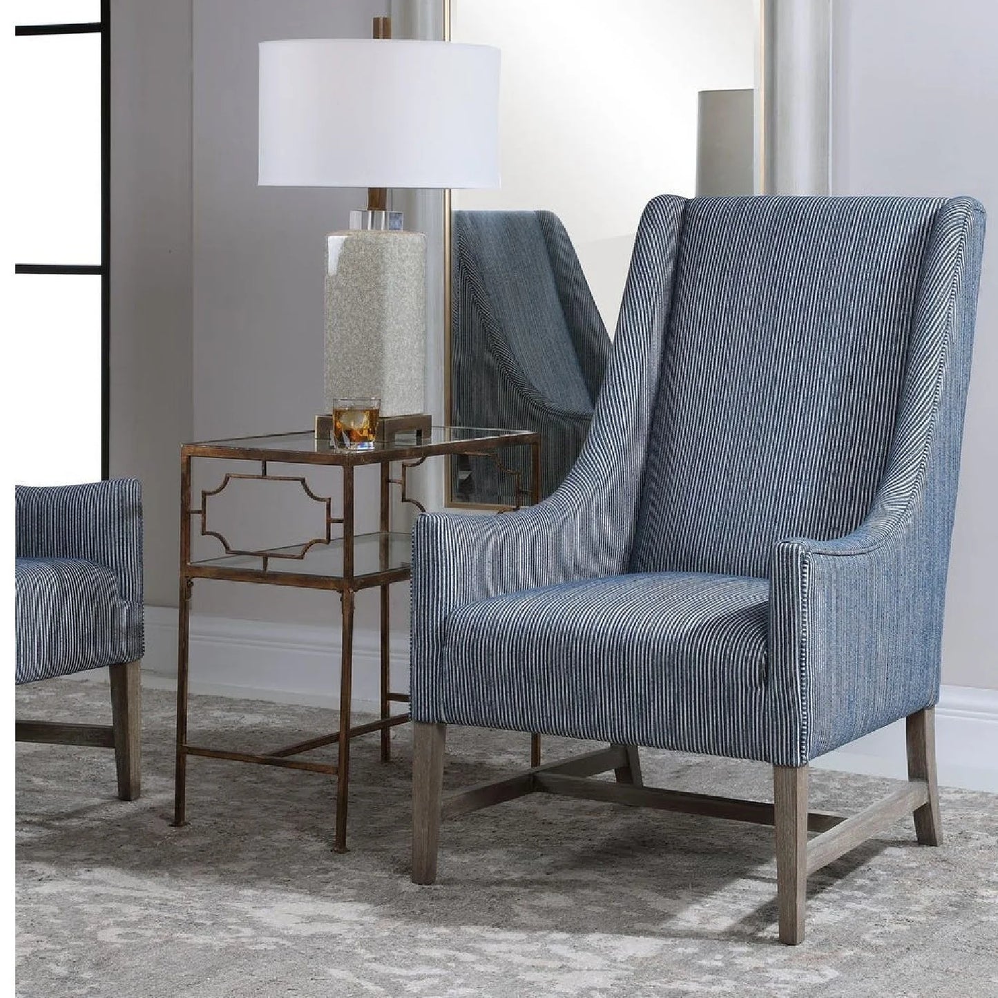 Luxury Blue Striped Wingback Accent Chair European Style for Villa