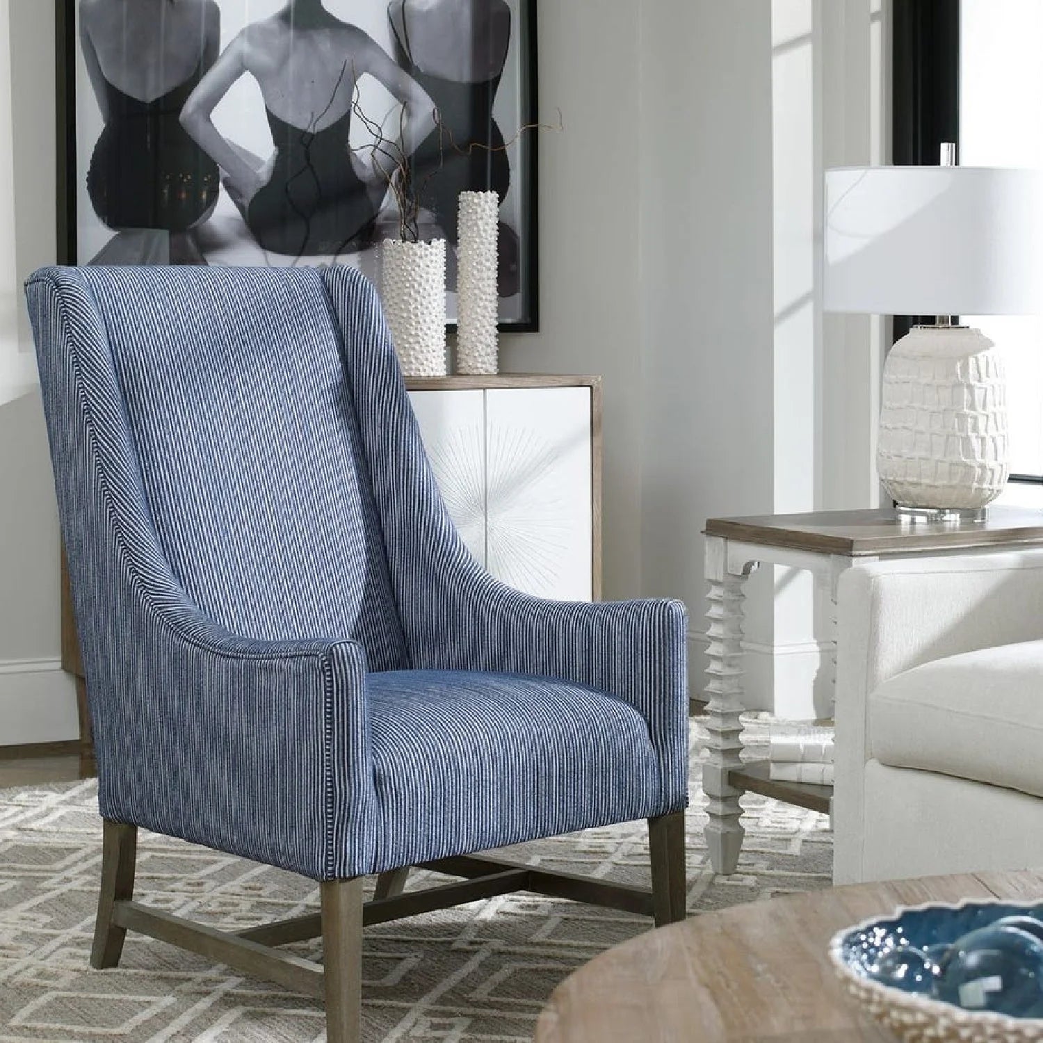 Luxury Blue Striped Wingback Accent Chair European Style for Villa