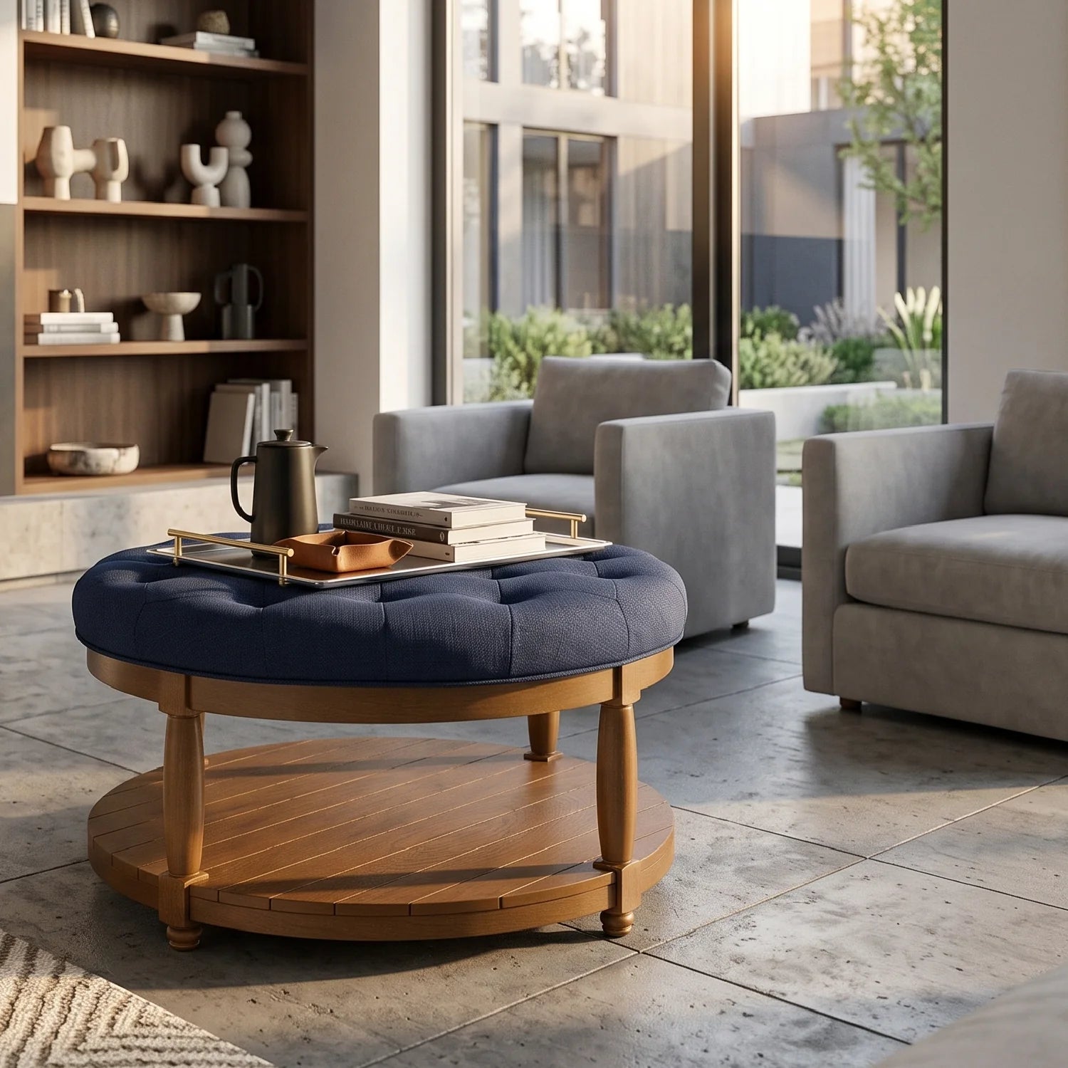 Luxury Blue Tufted Linen Coffee Table Modern Italian Style for Villa