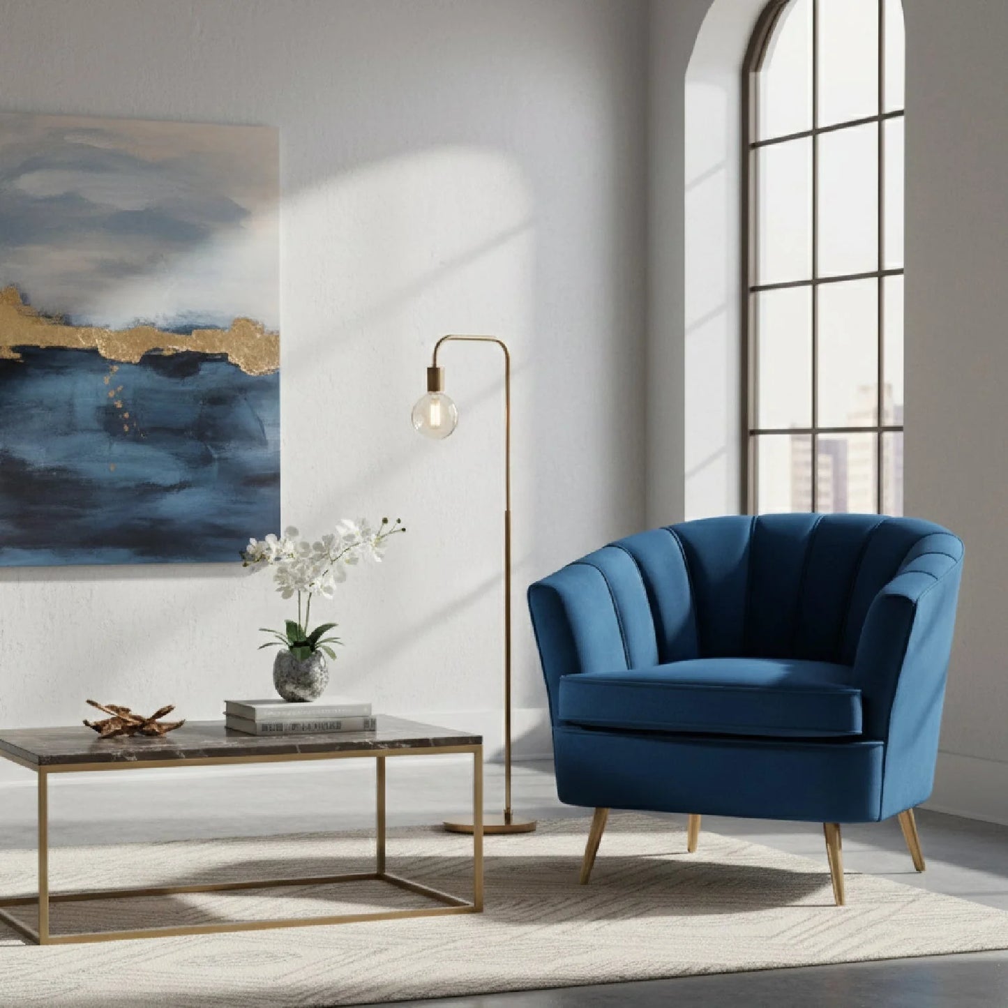Luxury Blue Velvet Accent Chair Modern European Style for Villa