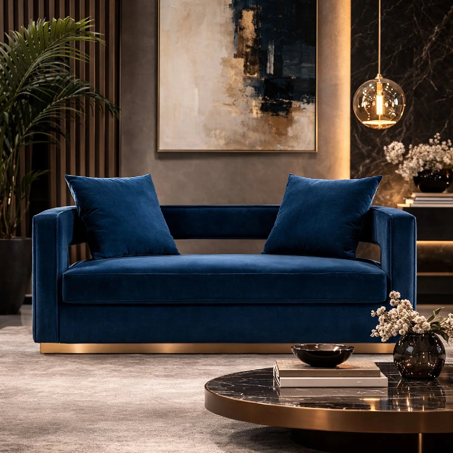 Luxury Blue Velvet Loveseat Sofa Modern Italian Style for Villa