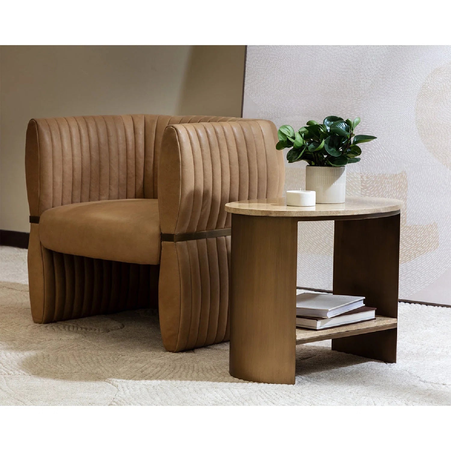 Luxury Bovine Leather Channeled Lounge Chair European Style for Villa