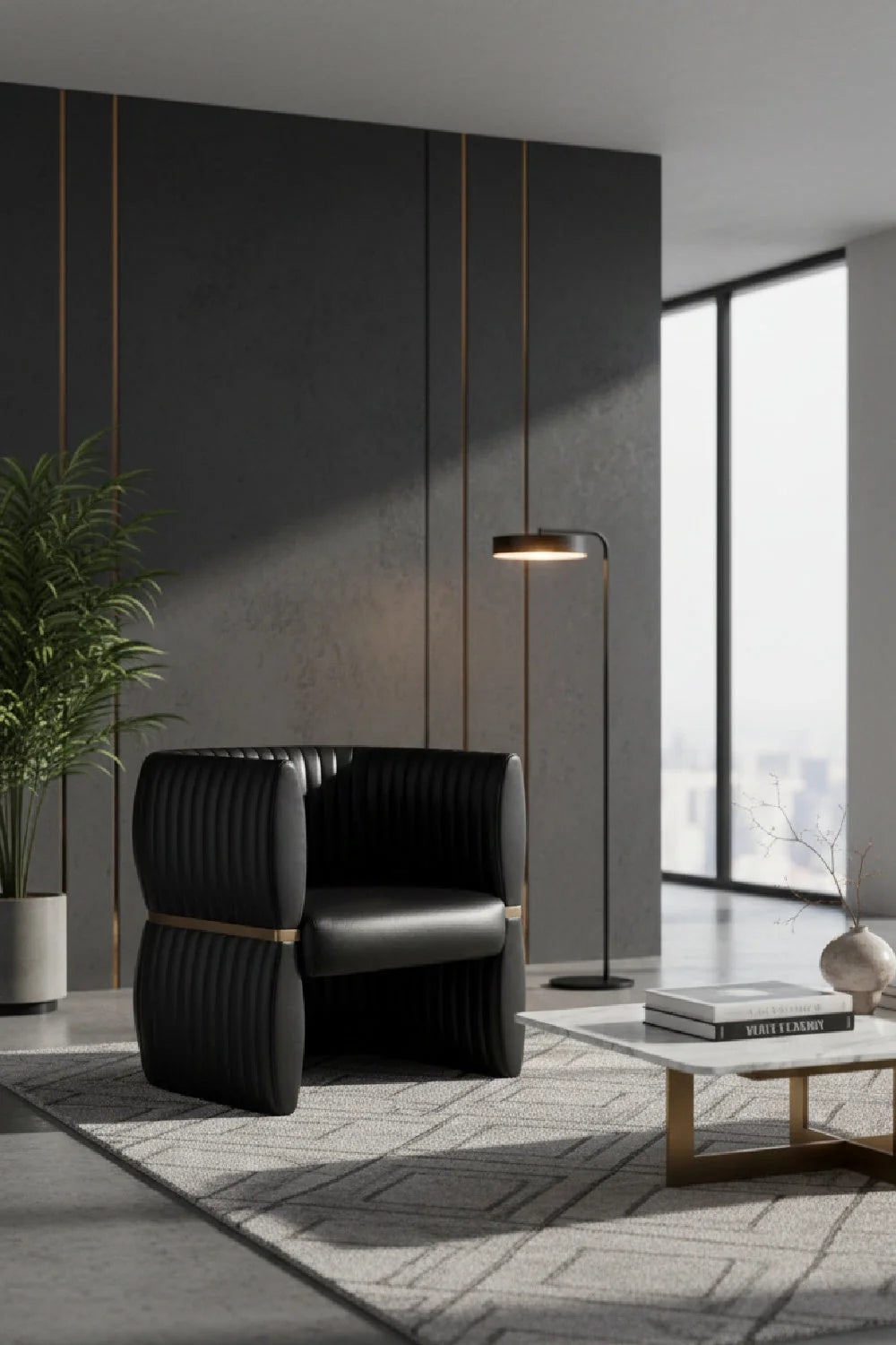 Luxury Bovine Leather Channeled Lounge Chair European Style for Villa