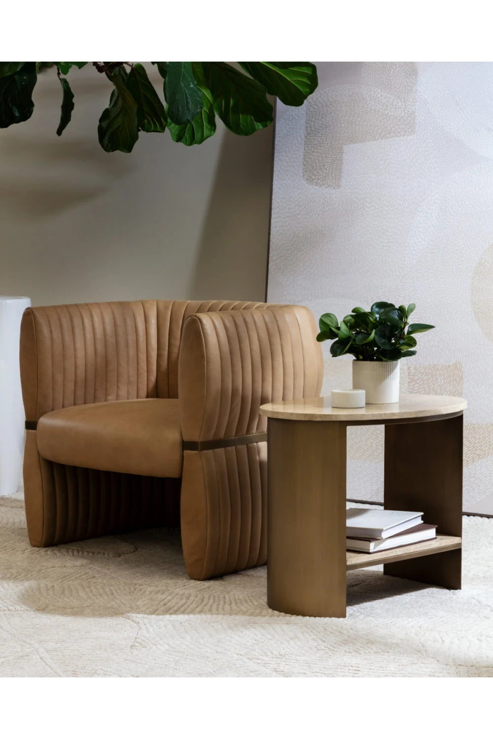 Luxury Bovine Leather Channeled Lounge Chair European Style for Villa