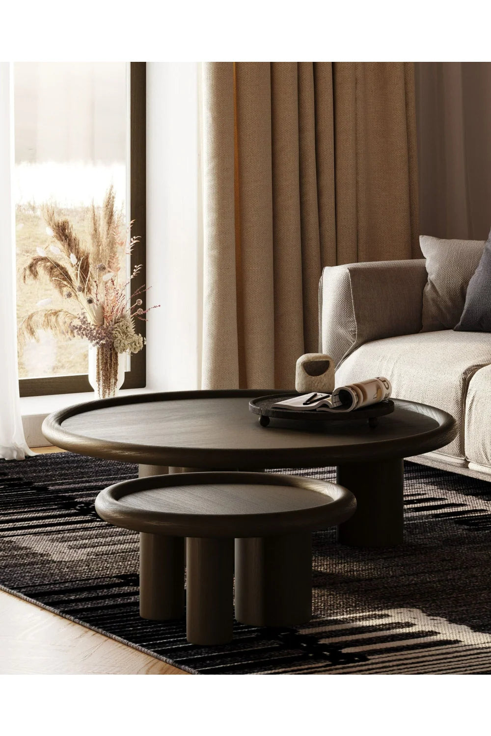 Luxury Brown Ash Round Nesting Tables Modern Italian Style for Villa