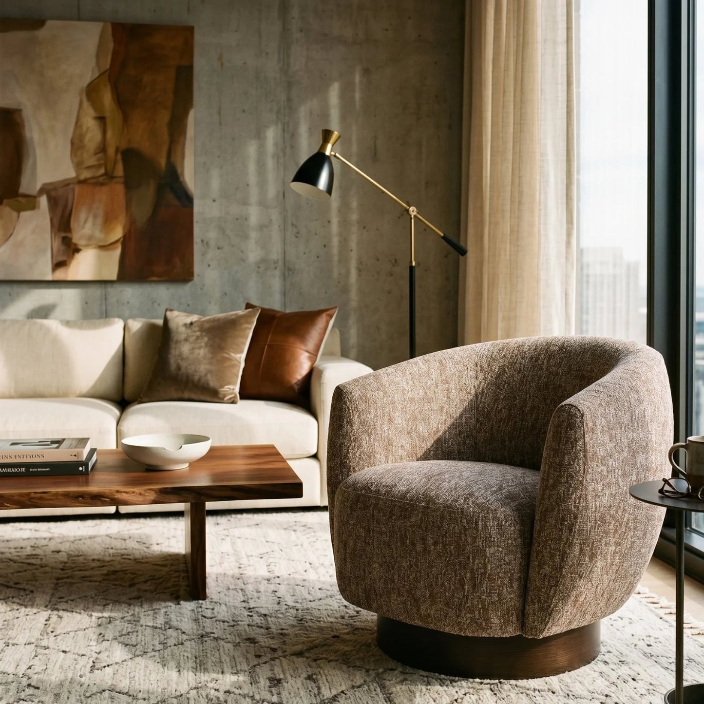 Luxury Brown Barrel Swivel Lounge Chair Modern Italian Style for Villa